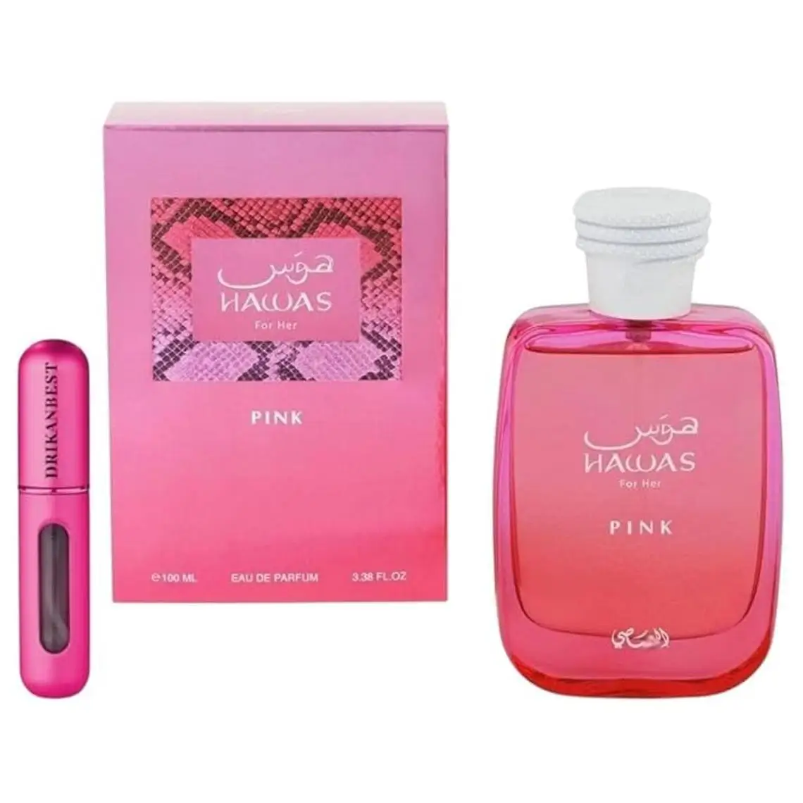 Rasasi Hawas Pink Eau de Parfum Mujer 100ml + Atomizador Recargable 5ml Drikanbest de Regalo – Perfume Árabe Dulce y Duradero