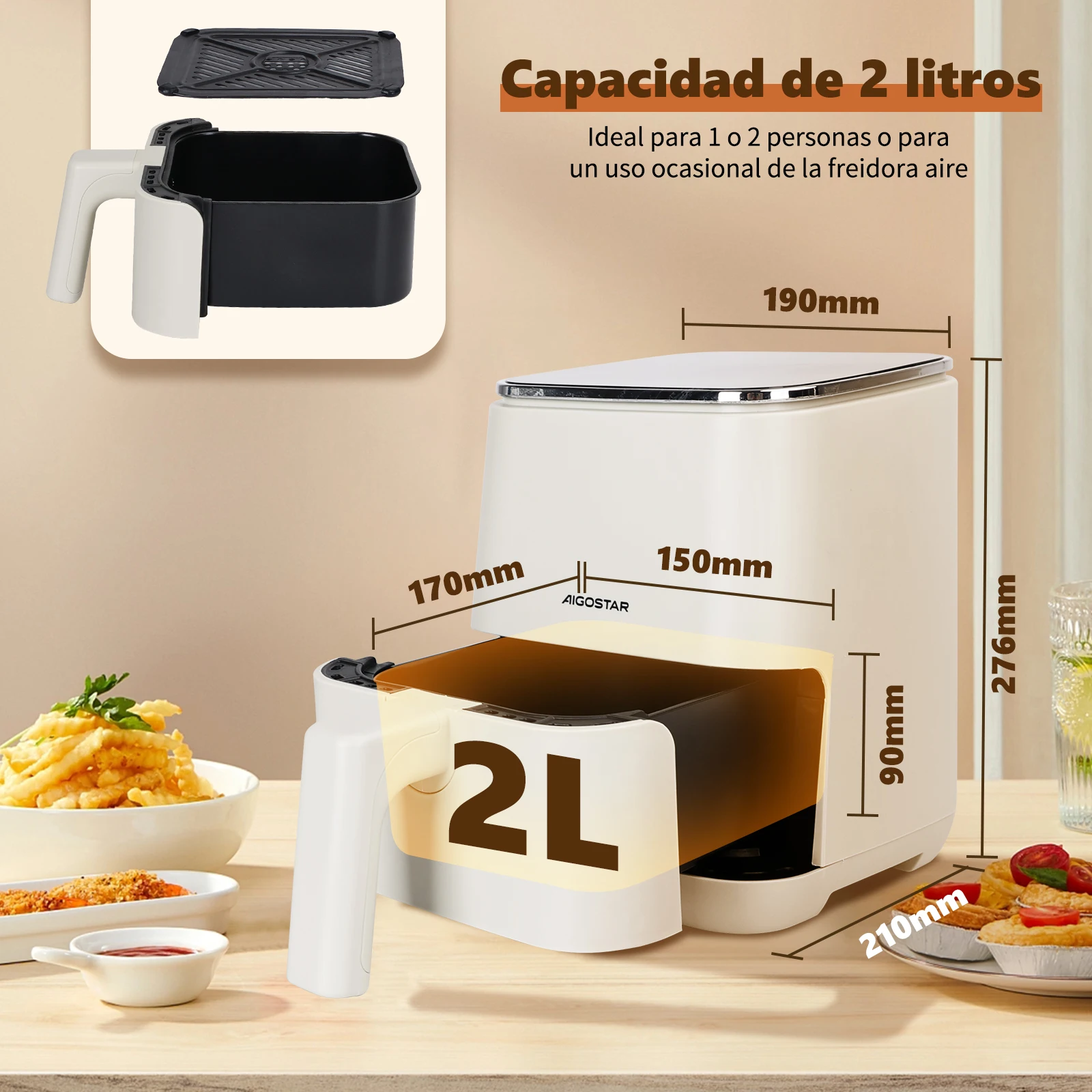 AIGOSTAR LED Touchscreen Air Fryer, 2L Capacity, 1200W, Non-Stick, with 10 Automatic Programs for Oil-Free Cooking and Efficient Air Circulation.