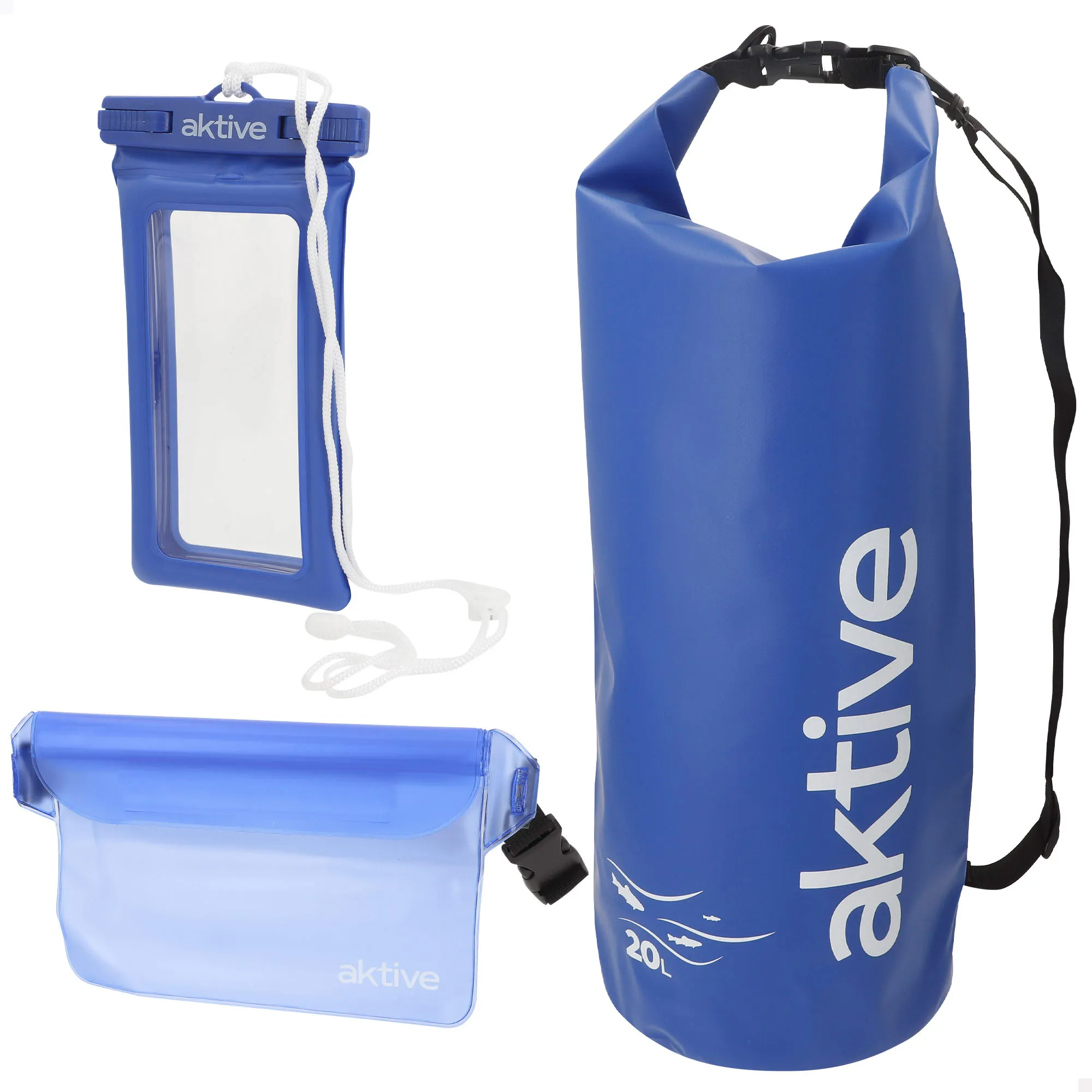 Aktive Beach - Pack de bolsas estancas, saco de 20 L, riñonera, portamóvil, funda móvil impermeable, para playa, para piscina, resistente al agua, sumergible hasta 3 metros 30 min