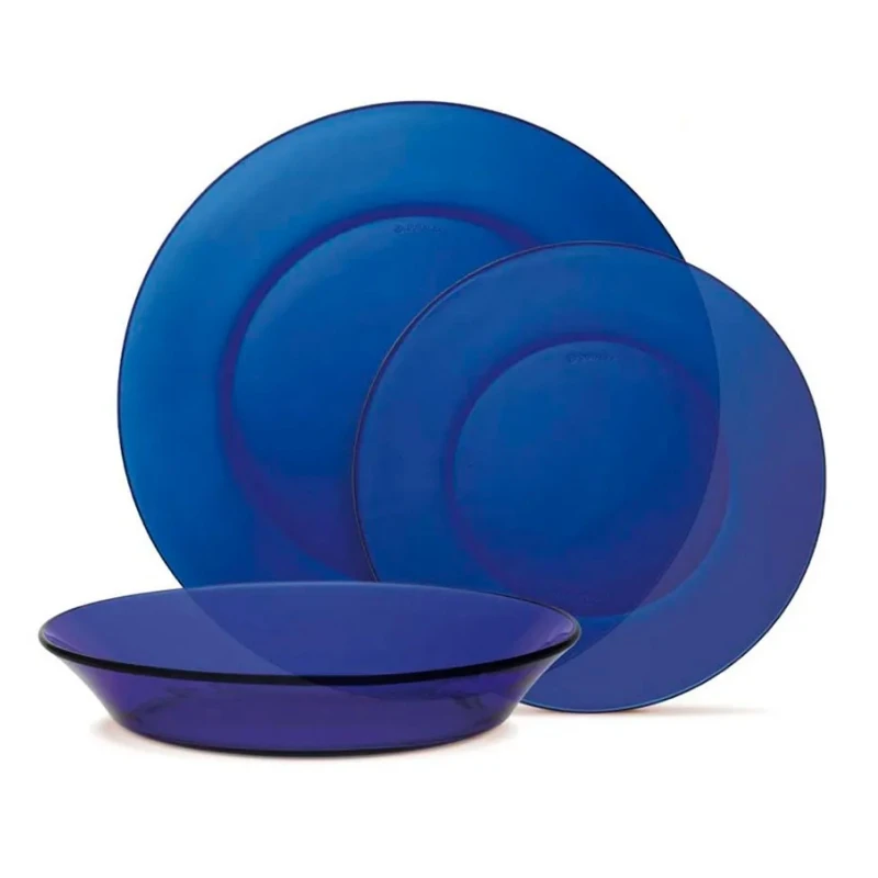 Duralex - Set of 12 Plates and Bowls, includes 4 Deep Plates (Ø 19.5 cm), 4 Flat Plates (Ø 23.5 cm), and 4 Dessert Plates (Ø 19 cm), made of hygienic, non-porous glass, microwave and dishwasher safe.