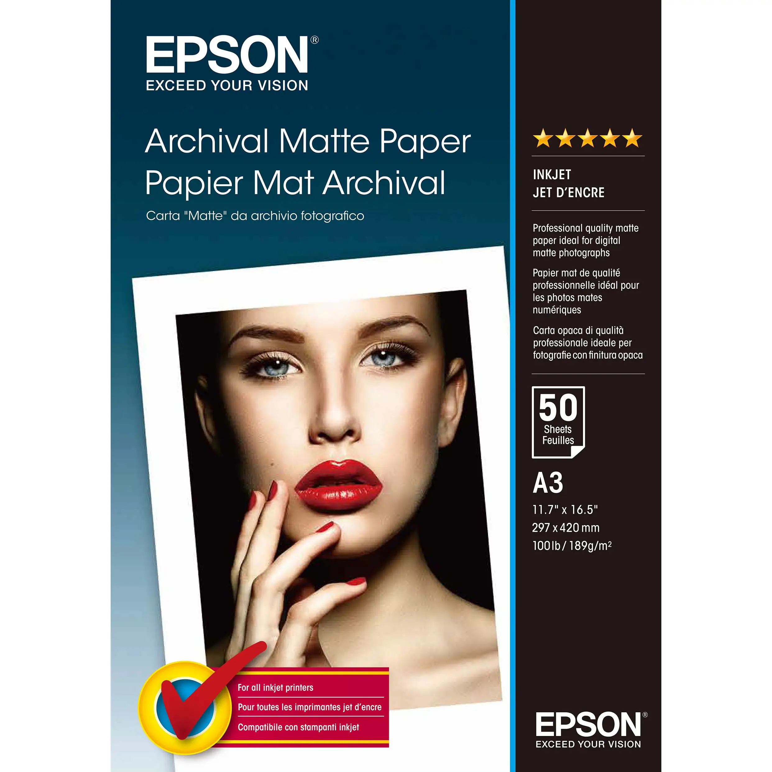 Epson Papel Mate Larga Duracion (Archival Matte Paper) A3, 50 Hojas de 189g.