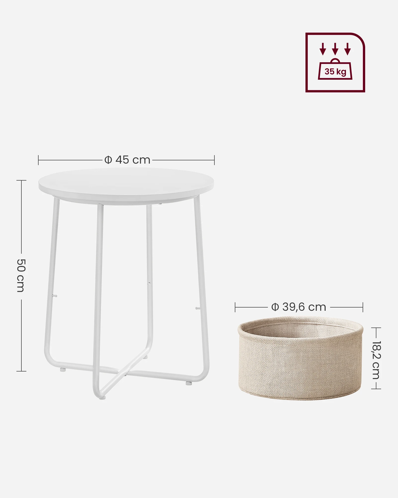 Vasagle side table, round side table with fabric basket, spacious, for living room, bedroom, nightstand, modern style, matte white and brown camel/pale blue/ice blue/natural beige and cream white/cement gray and cream white/black and