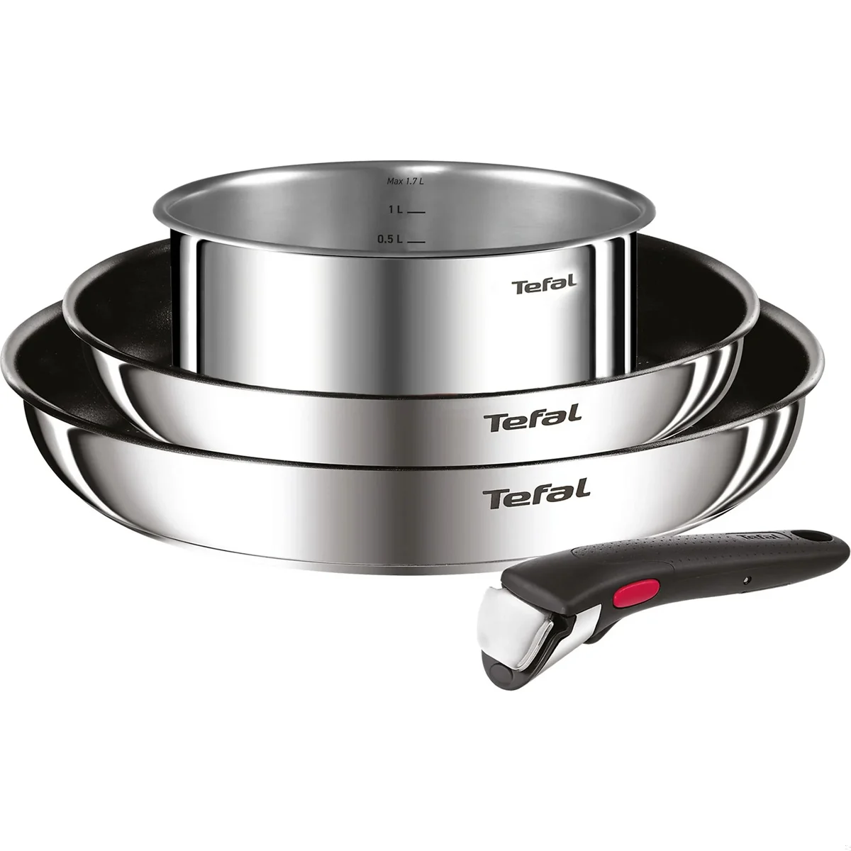 Juego de 2 Sartenes y Cazo Tefal Ingenio Emotion, Sartén 22 y 26 cm, Cazo 16 cm, Mango intercambiable, Antiadherente, Revestimiento Titanio, Thermo-signal, Ahorra espacio