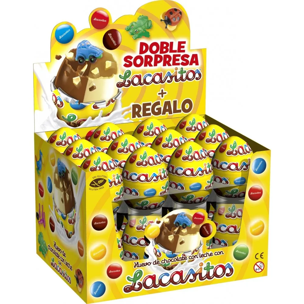 Lacasitos eggs-contains 24 units of 23g-delicious milk chocolate egg and white chocolate with double surprise inside: 3 lacasitos + Surprise collectible!