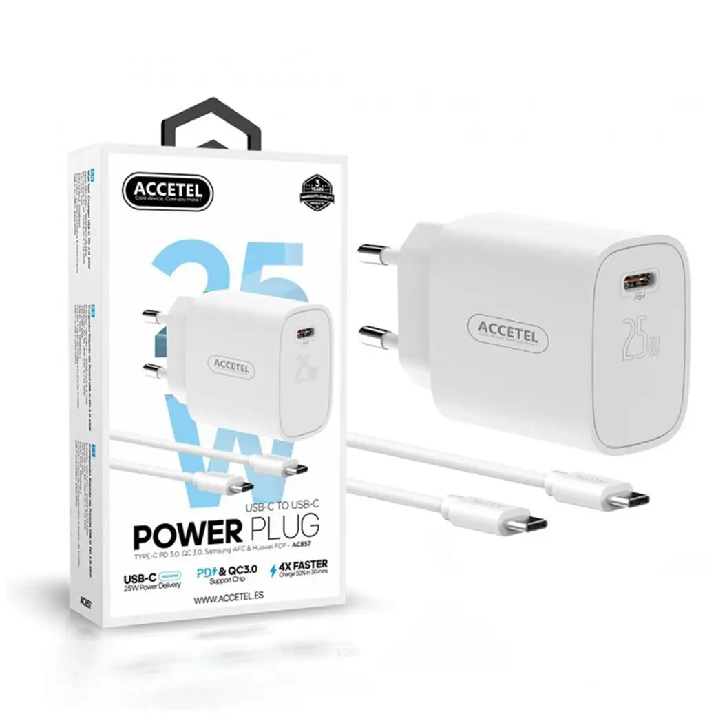 Accetel AC857 Cargador Carga Rápida De Pared USB-C PD 25W - Cable USB-C A USB-C 1M