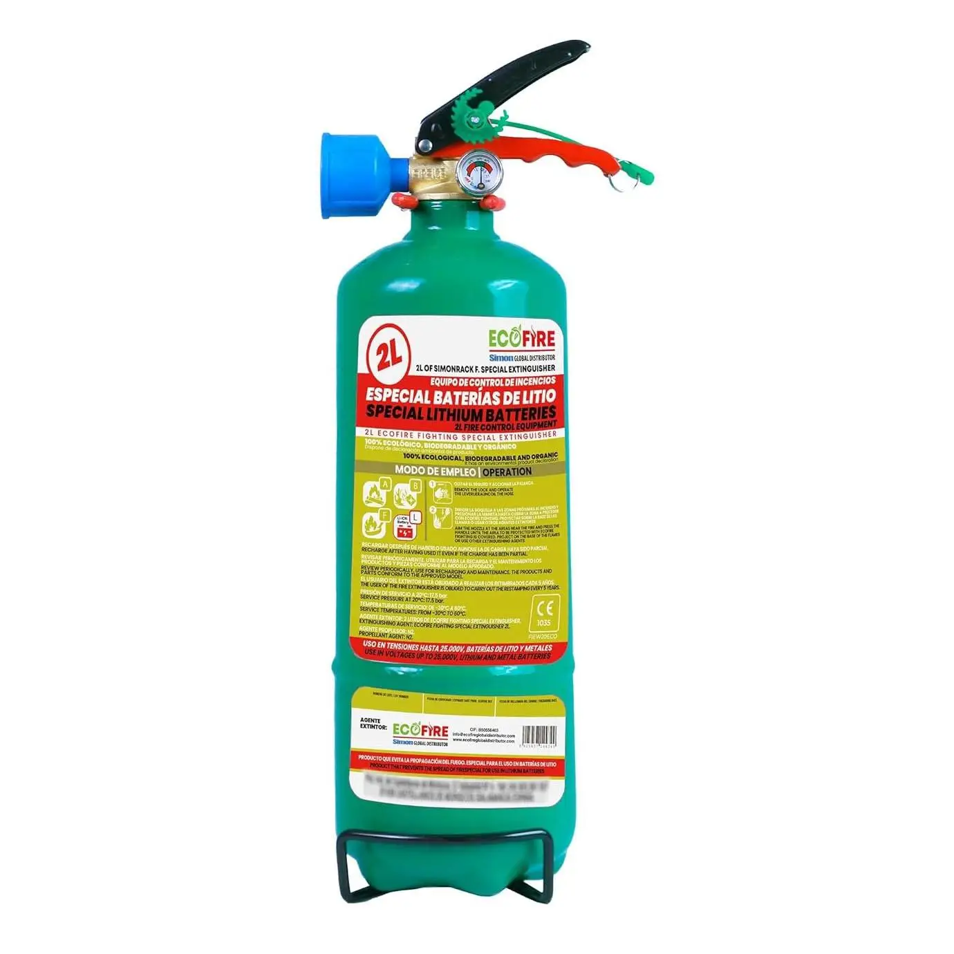 Extintor ECOFIRE ecológico para baterías de litio de 2 litros (fuegos ABFL) Incluye soporte