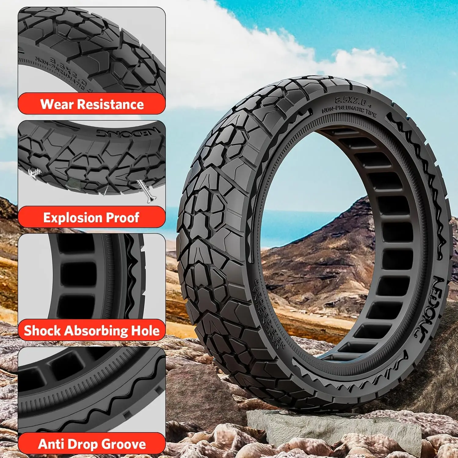 Electric Scooter Solid Off-Road Tire for Xiaomi Pro 2/M365/M365 Pro/1S/3/3 Lite/Essential, 8.5 inches, durable puncture-proof rubber, universal fit for front/rear wheels, excellent shock absorption for outdoor use. #7