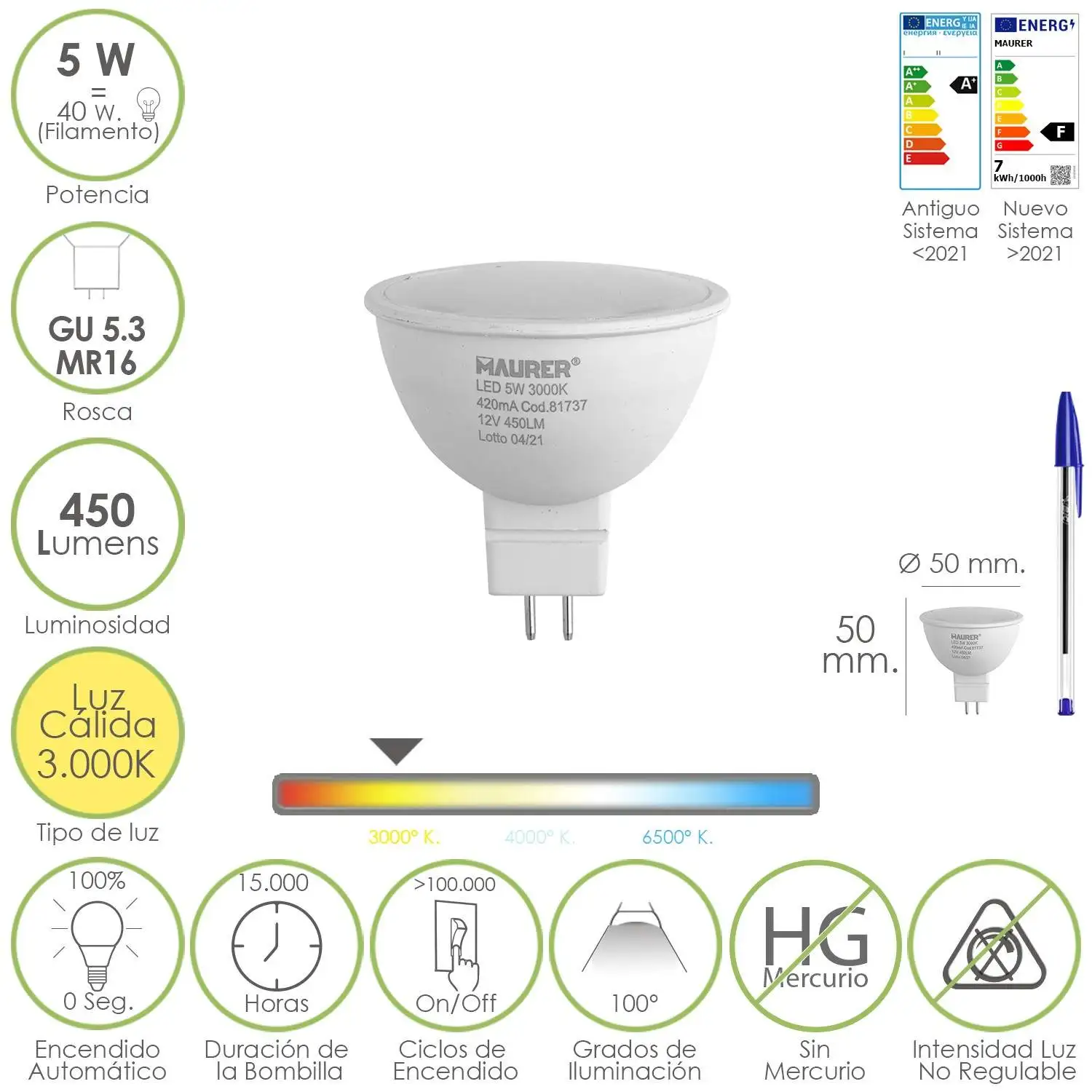 Maurer Bombilla Led Dicroica Rosca GU 5.3 / MR16 5W 405 Lumenes Luz Cálida
