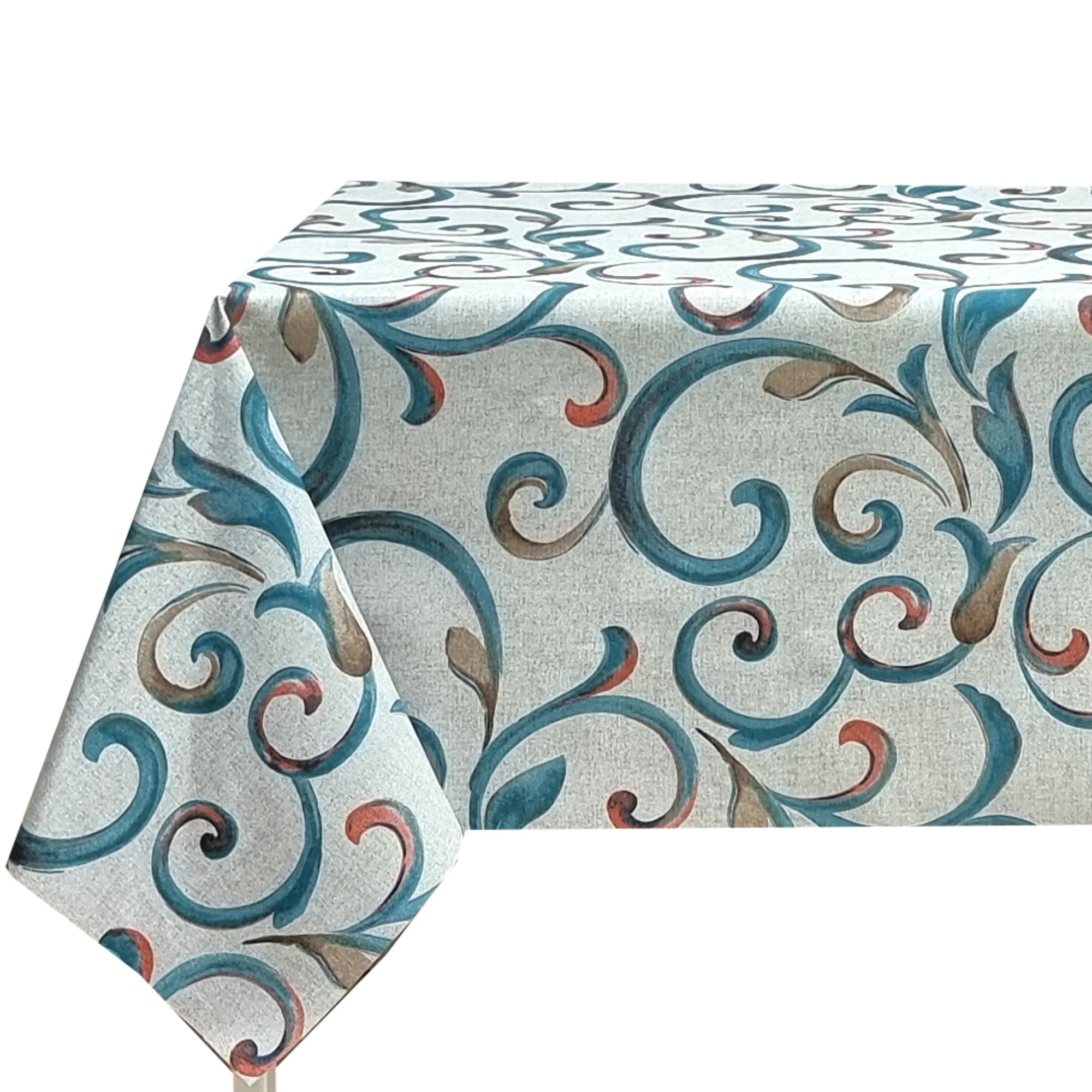 Mantel tela textil resinado suave, rectangular, Ideal para el hogar, Cocina, Comedor, Jardin, Balcon, Salon y picnic. Fácil de limpiar, Impermeable con Patrones de Volutas en Azul, Verde, Marrón y