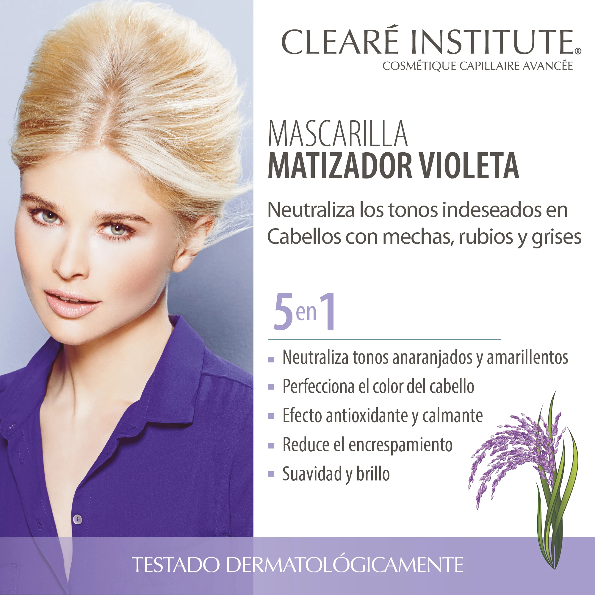 Clearé Institute Violet Toning Mask 5 in 1, 200 ml for blonde, highlighted, or gray hair, neutralizes unwanted orange tones, revitalizes with 98% natural ingredients, enhances shine, and reduces frizz for smooth, beautiful hair.