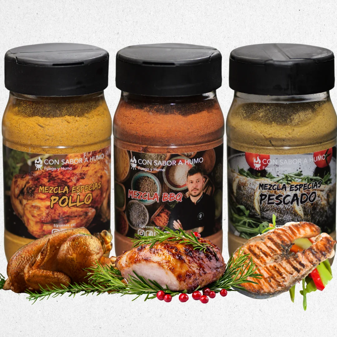 Pack Especias Barbacoa, 3 Mezclas Artesanales, 170g x 3, Rub BBQ, Especias para Pescado y Pollo, 500g Total CON SABOR A HUMO FUEGO Y HUMO