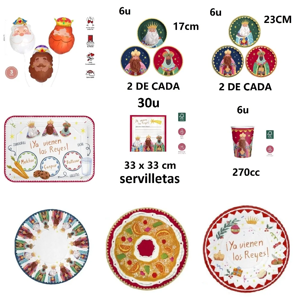 PACK NAVIDEÑOS REYES MAGOS,PLATOS BANDEJAS VASOS SERVILLETAS Y GLOBOS,Cartón rígido reciclable,decoracion reyes magos,FELIZ NAVIDAD,MAXI,FESPU