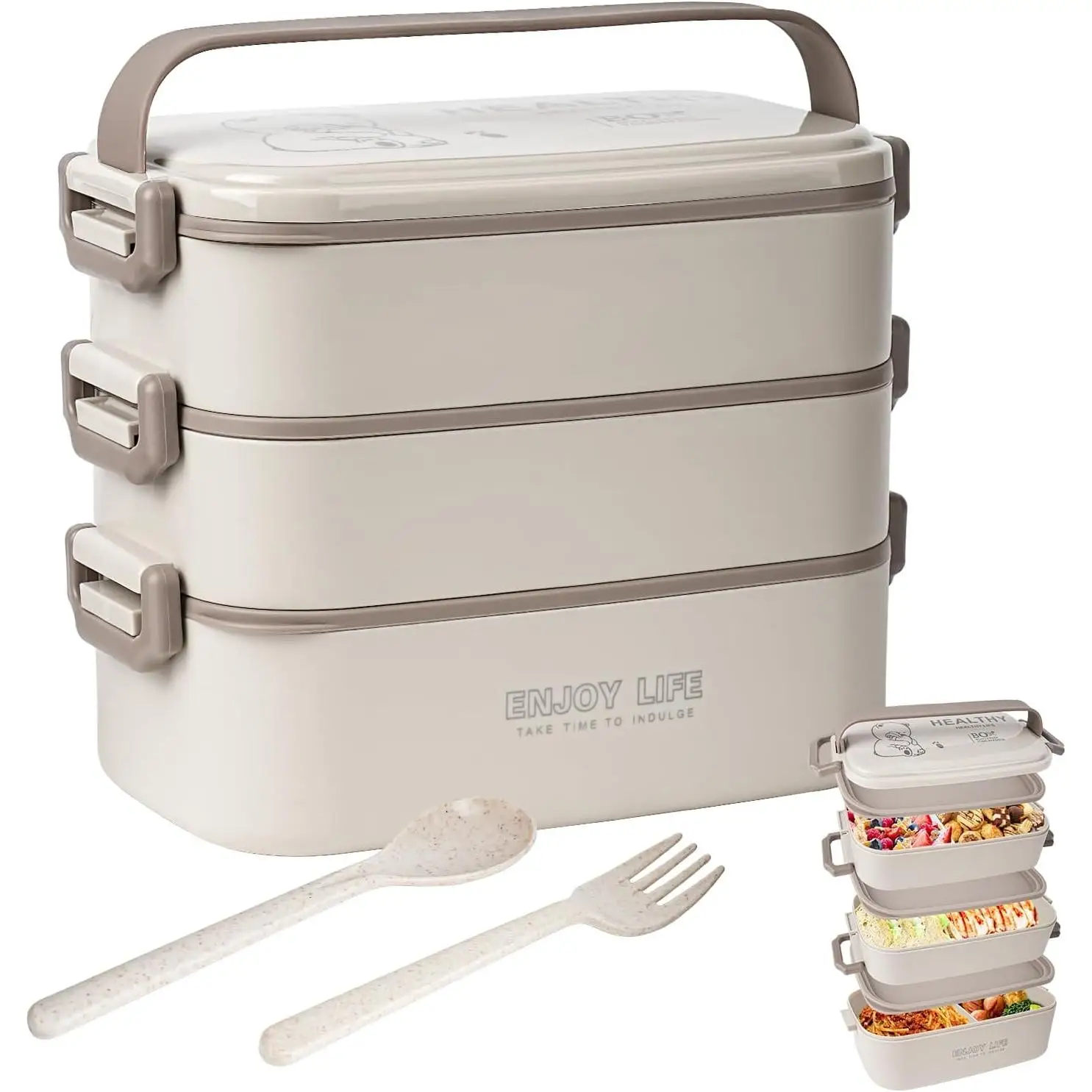 Caja bento de 3 capas de 2700 ml con tenedor y cuchara, fiambrera 4 en 1 para adultos, contenedor de