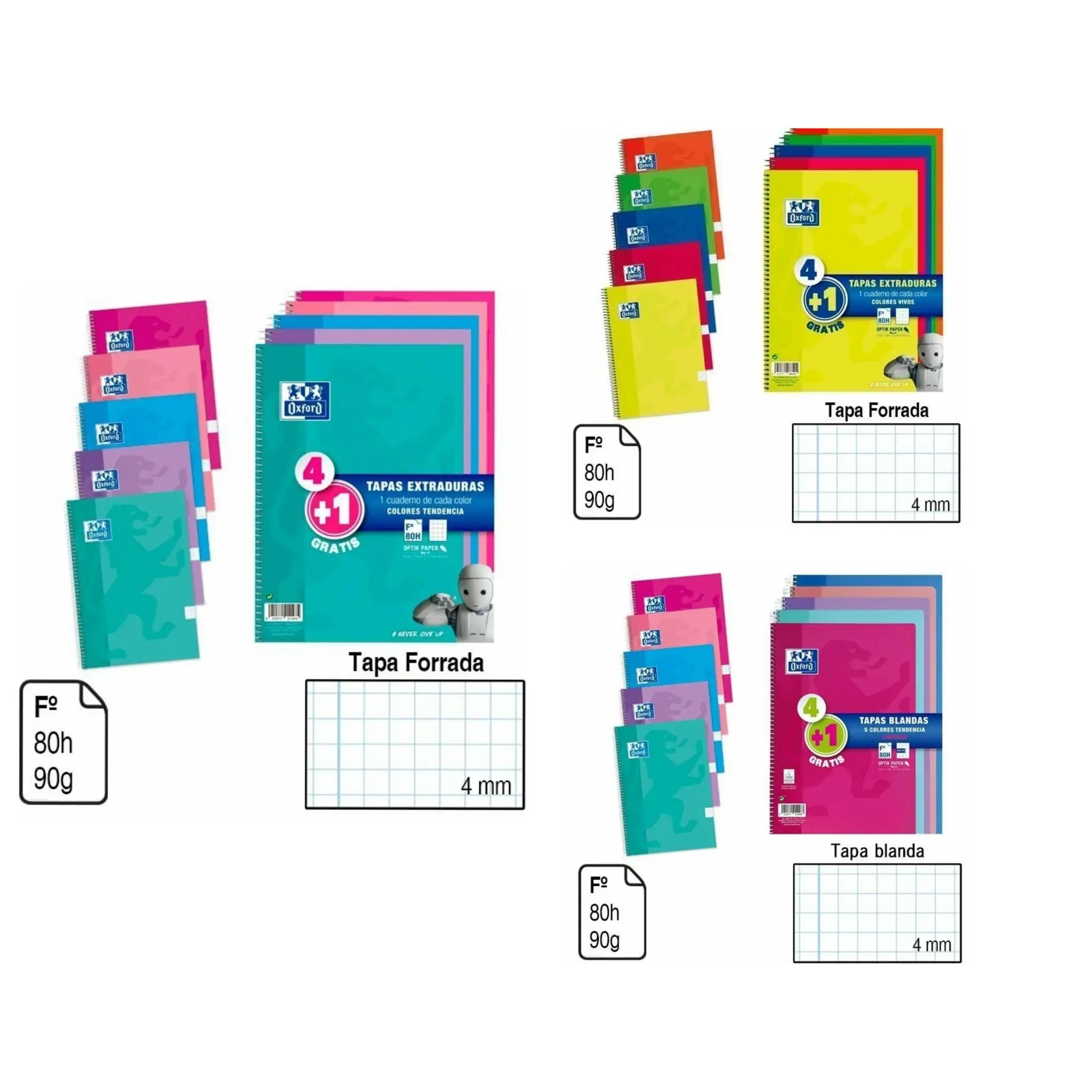 Spiral pad PACK 4 + 1 notebooks with rings OXFORD A4 FOLIO size basic lid and lined extraction 80 H. 90G. Grid 4 MM confidence quality
