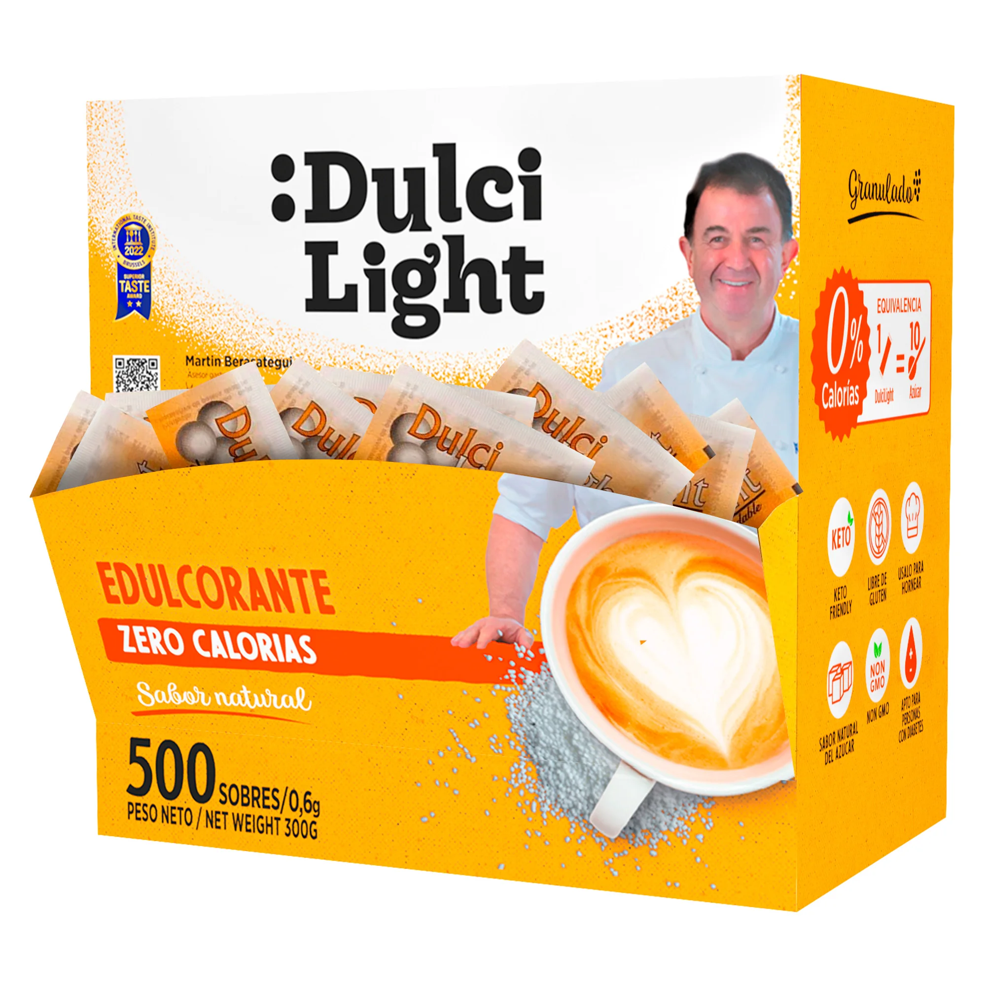 Dulcilight Edulcorante Sucralosa Zero caja de 500 Sobres con dispensador, Sabor Natural, fabricado en España, Granulado con Fibra Vegetal  keto 1 sobre 0,6g = 2 cdas de azúcar No OMG  edulcorante en sobres