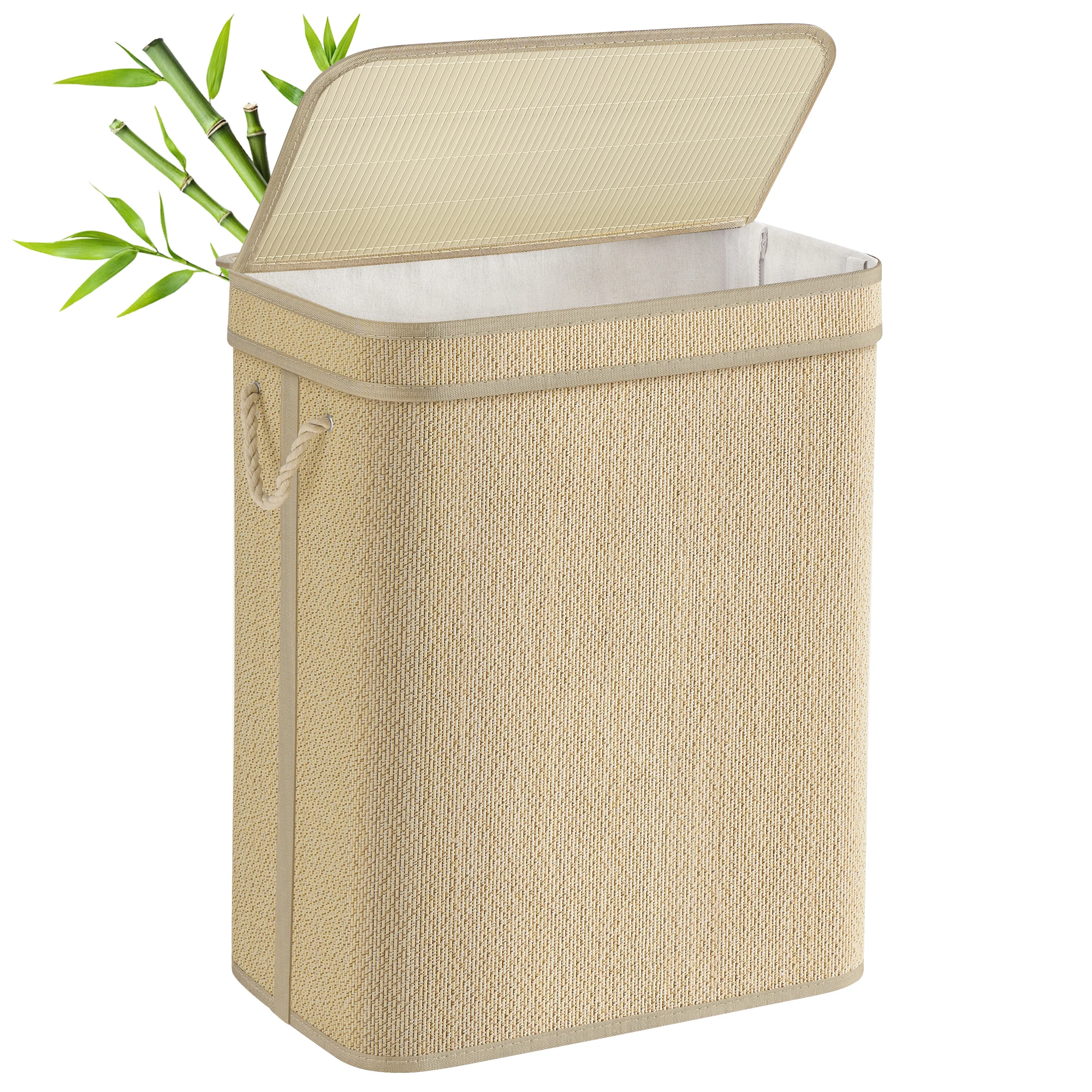 SONGMICS Cesto de Ropa Sucia, Cesta de Colada de Bambú, 90 L, Bolsa de Ropa Extraíble y Lavable a Máquina, con Tapa, Asas, para Lavadero, Dormitorio, Salón, Natural