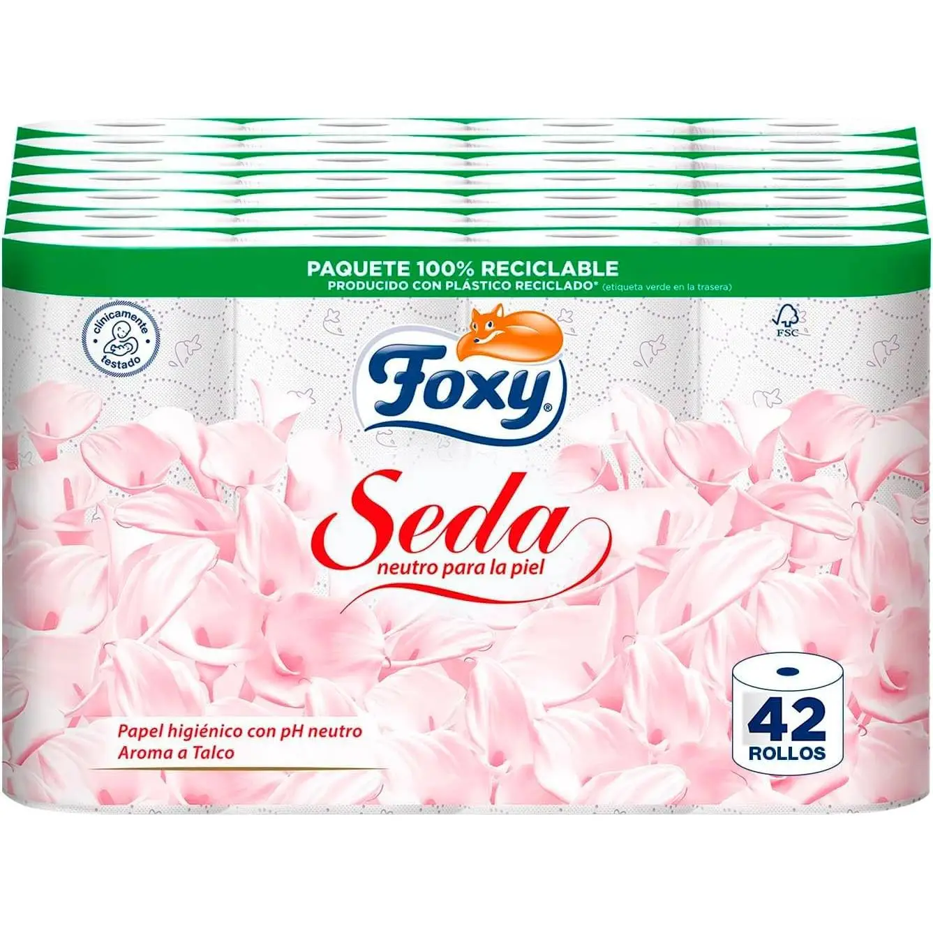 Foxy Seda  Papel higiénico Neutro  42 Rollos  3 Capas Alto grosor  173 servicios por rollo  AROMA TALCO  Papel 100% certificado FSC  Paquete 100% reciclable blanco