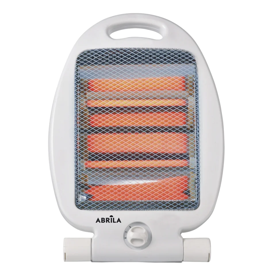 Estufa eléctrica de Cuarzo FABRILAMP en color BLANCO. Realizada en metal, policarbonato y cristal. Equipada con 800 watios máximos de potencia, con dos tubos de cuarzo, para ajustar entre dos potencias de calefacción, 400 watios y 800 watios, dependi