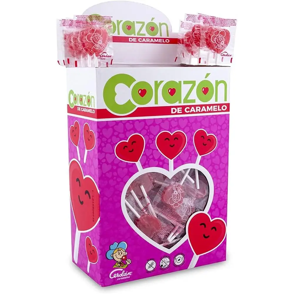 Caramelos Cerdán Mini PIRULETA CORAZON - CAJA de 200 UNIDADES - Caramelo Duro con Palo Sin Gluten - Ideal para Fiestas, San Valentín y Cumpleaños - Estuche de 200 Unidades