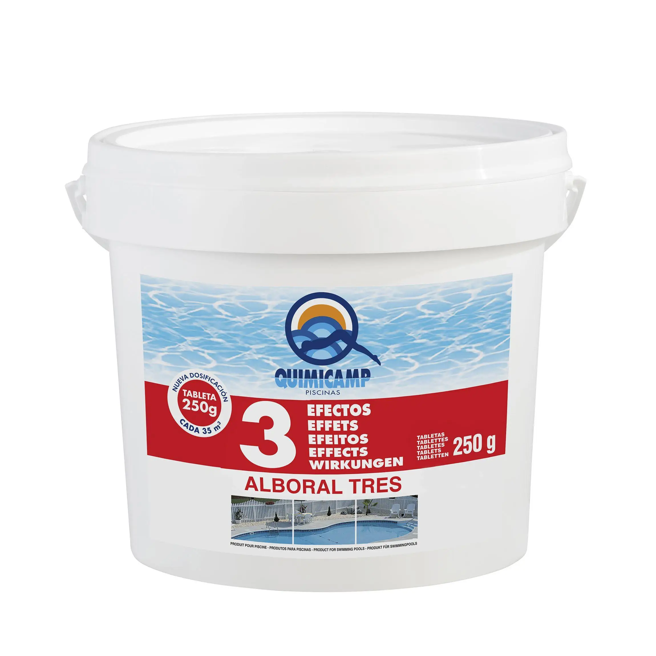 Cloro 3 Efectos Alboral PS Quimicamp en pastillas de 250g ideal para el mantenimiento continuo del agua de la piscina al tener cloro, algicida y floculante, en diferentes tamaños