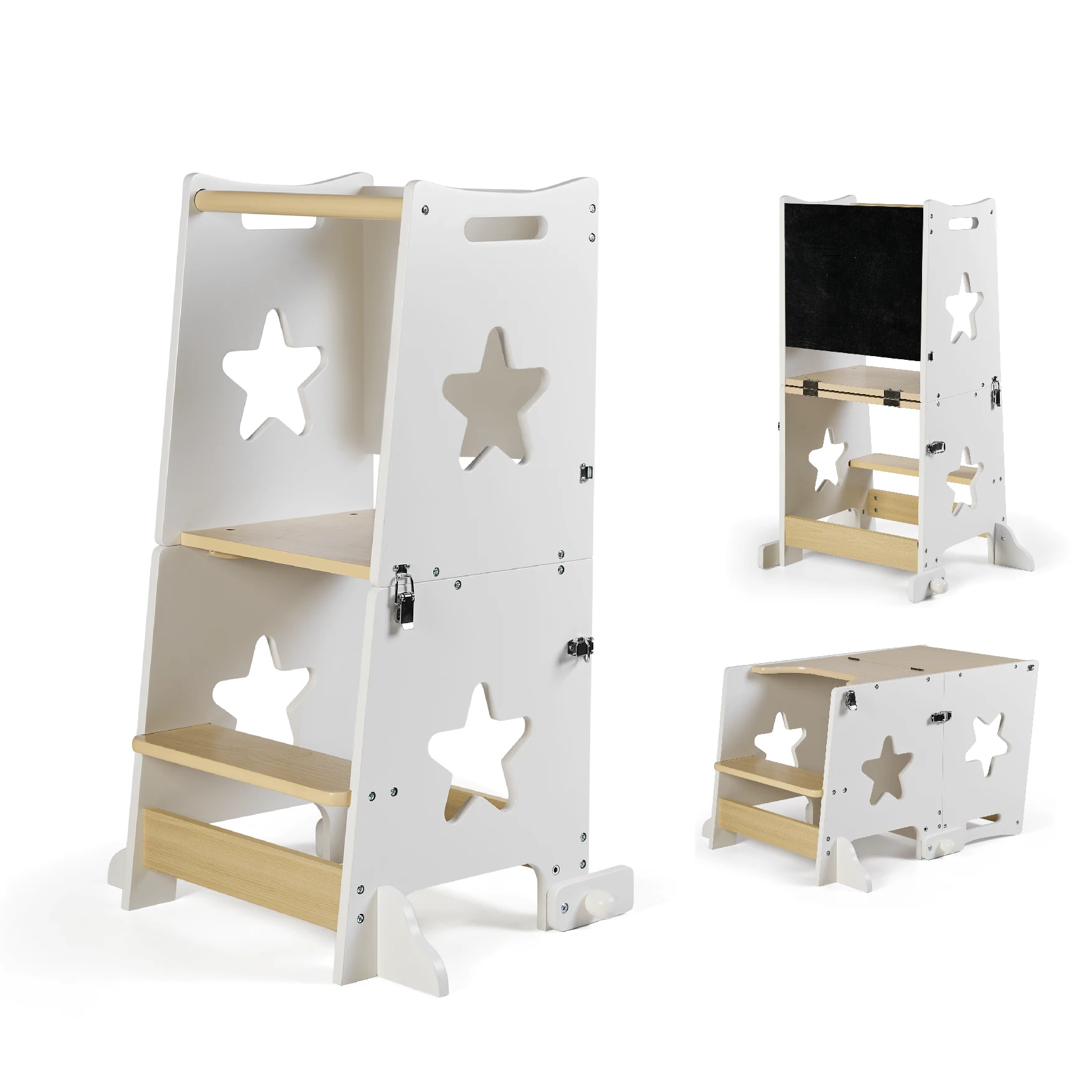 Ms - learn up children's montessori wooden learning tower -convertible into children's desk and stool -solid wood kitchen helper tower with safety bar - foldable (wood)