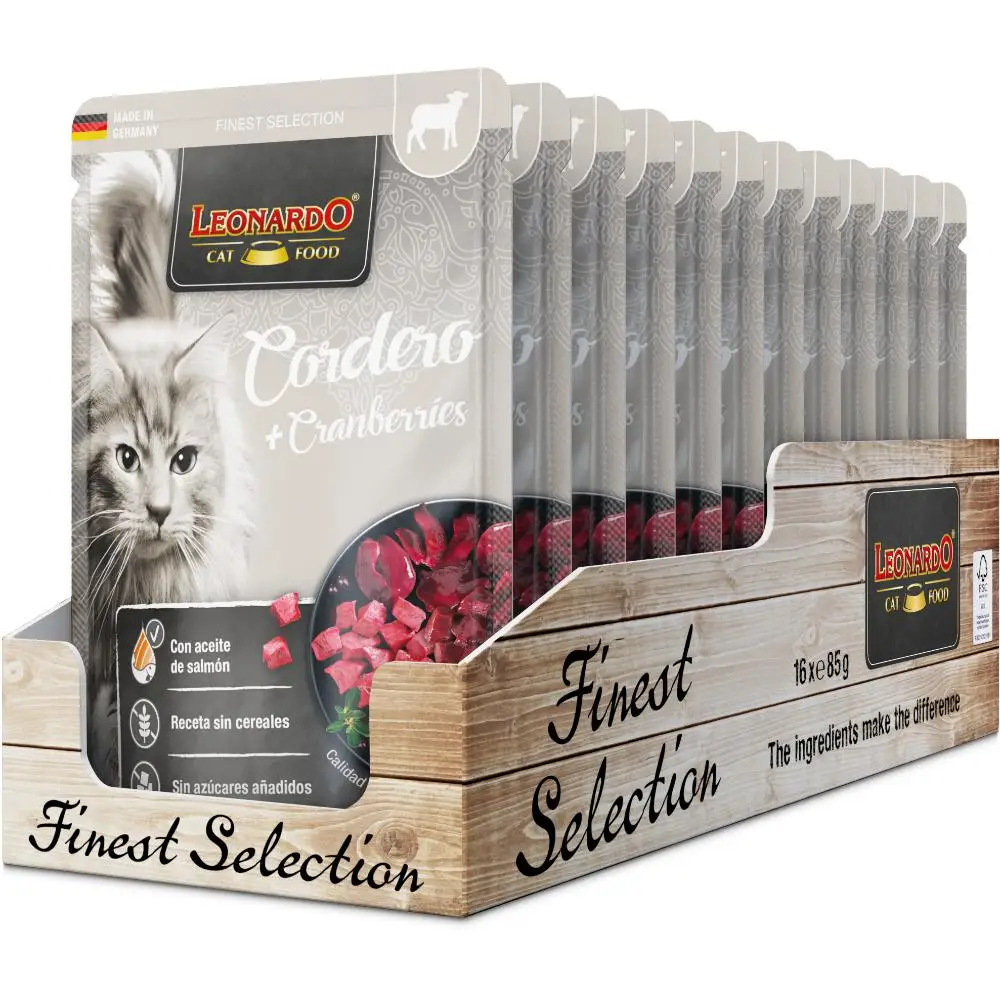 Leonardo Menú de Cordero y Arándanos Sobres para Gatos - 16 unidades x 85 gr