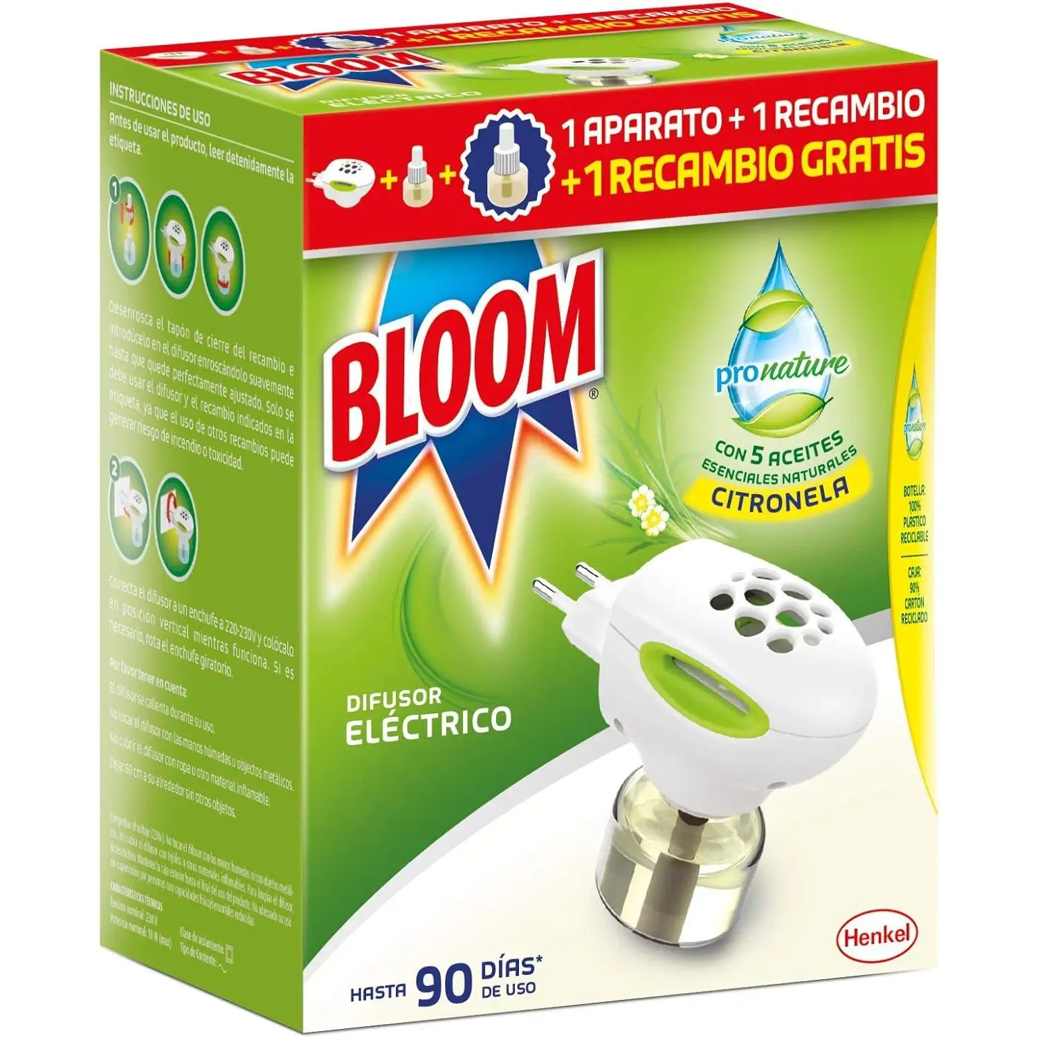 Bloom ProNature Eléctrico Líquido (1 aparato + 2 recambios), ambientador eléctrico, repelente antimosquitos, fórmula con aceites esenciales, 90 días de uso