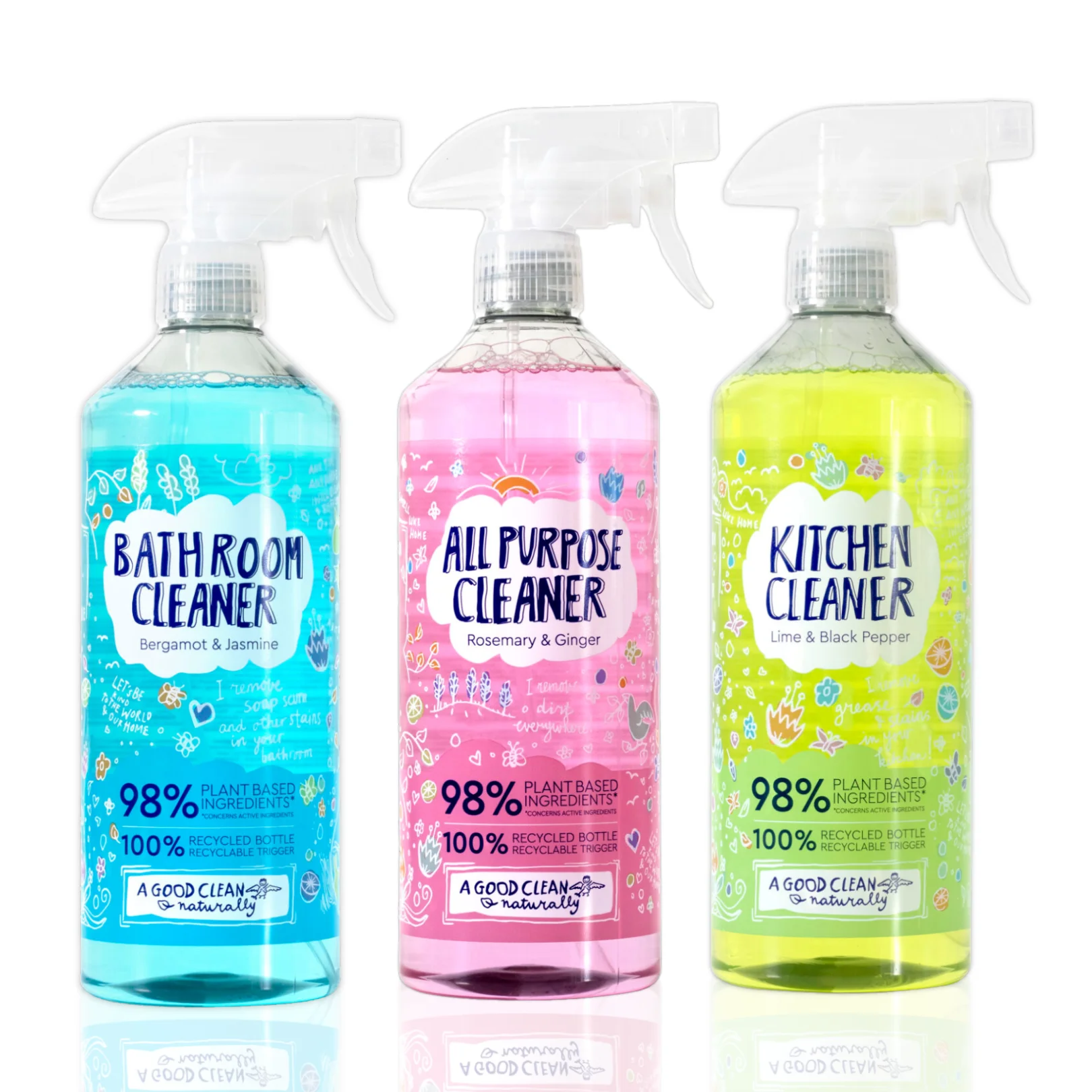 Pack de 3 Limpiadores Ecológicos A Good Clean Everyday - Baño, Cocina y Multiusos - 98% Ingredientes Naturales - Vegano, Botella Reciclada 750ml