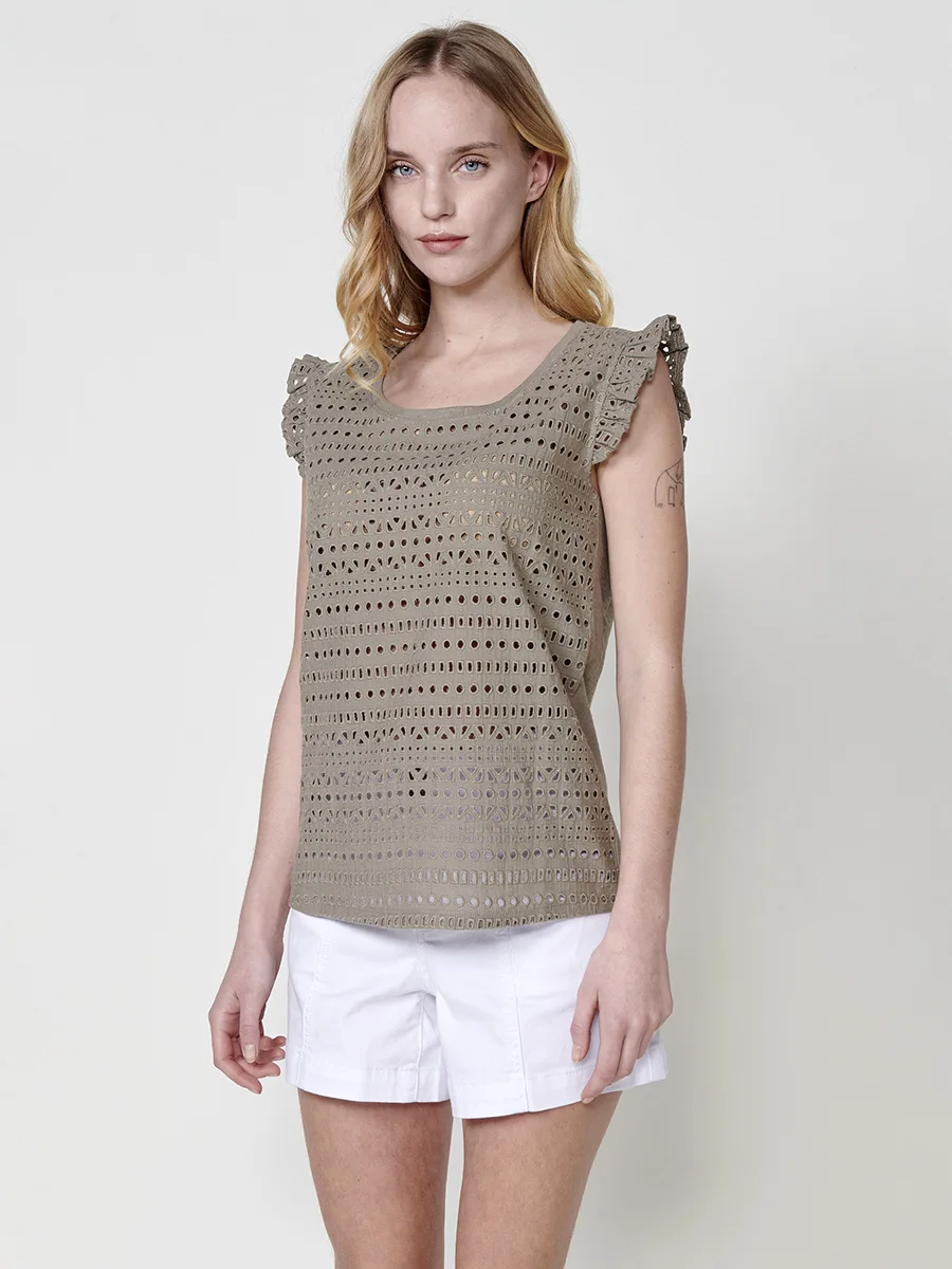 Koroshi - Camiseta manga corta para mujer con volantes y bordado inglés en 100% algodón, espalda flamé y cuello redondo