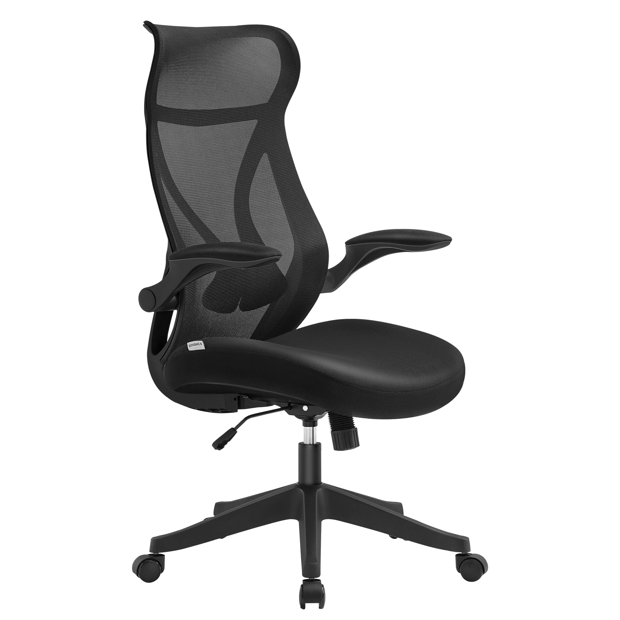 Sedia da ufficio SONGMICS, sedia da scrivania, schienale ergonomico, altezza regolabile, braccioli pieghevoli, sedia girevole con poggiatesta, carico 150 kg, nero inchiostro/beige cappuccino