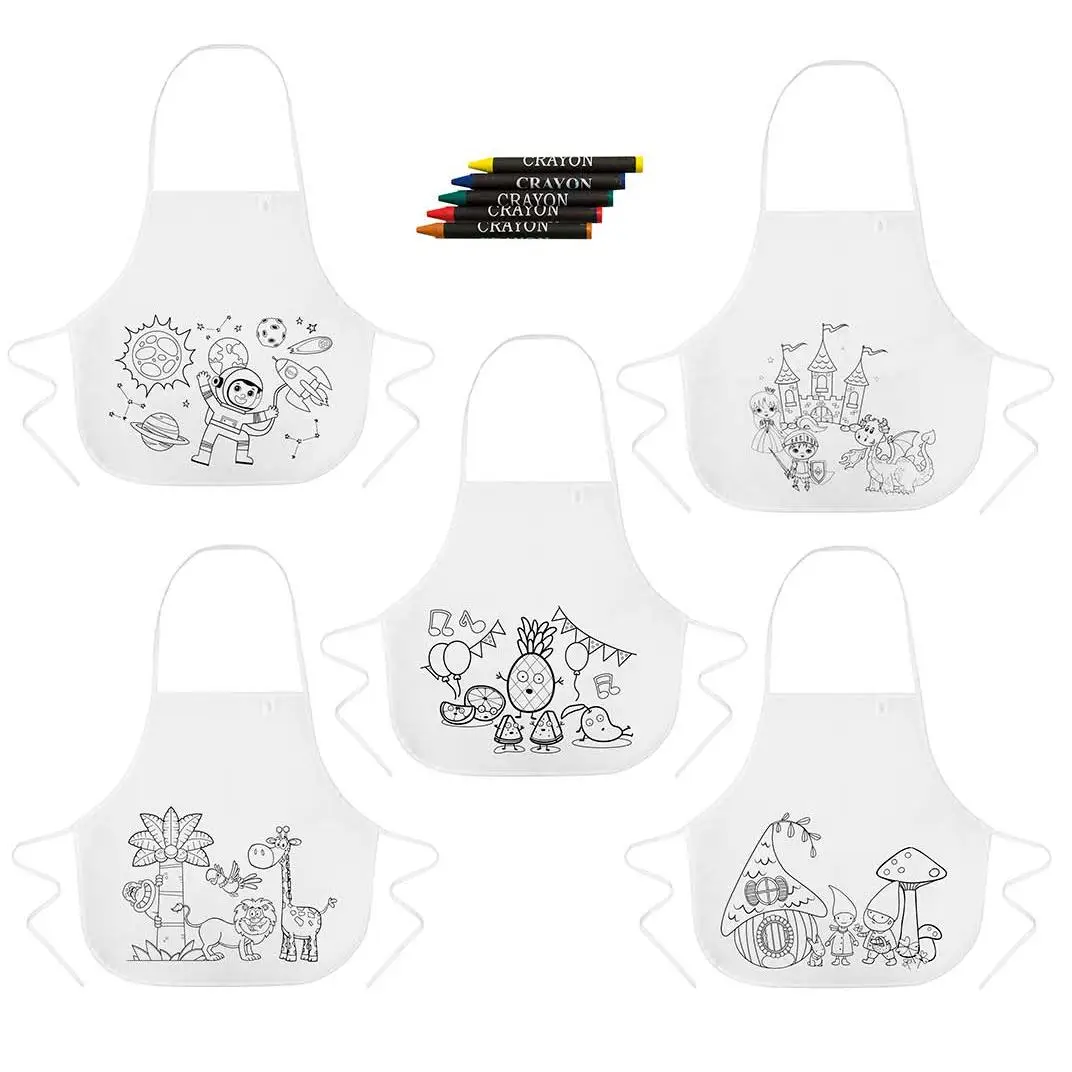 Delantales infantiles para Colorear con 5 Ceras Dibujos Infantiles. Con 5 divertidos diseños. Un original regalo para dar como detalle a niños y niñas en fiestas de cumpleaños, carnaval, colegios,
