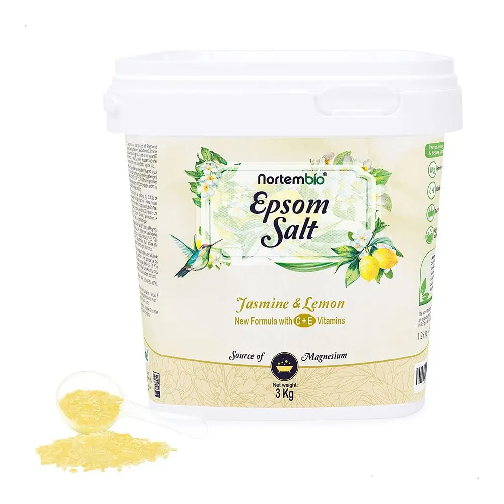 NORTEMBIO Sales de Epsom 100% Fragancia Jazmín y Limón 3Kg | Fuente concentrada de magnesio | Hidratada con Vitamina C y E | E-Book Incluido
