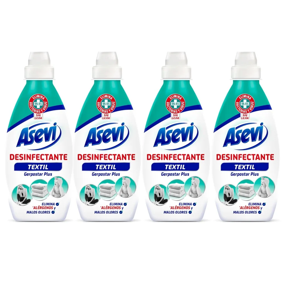 Asevi Desinfectante Textil, Envase de 720ml - Pack 4 uds, Limpiador Textil Compatible con Cualquier Detergente y Ciclo de Lavado, Limpia y Desinfecta, Elimina Germenes, Bacterias, Acaros, y los Malos Olores, Sin Lejia, Aroma Fresco y Limpio