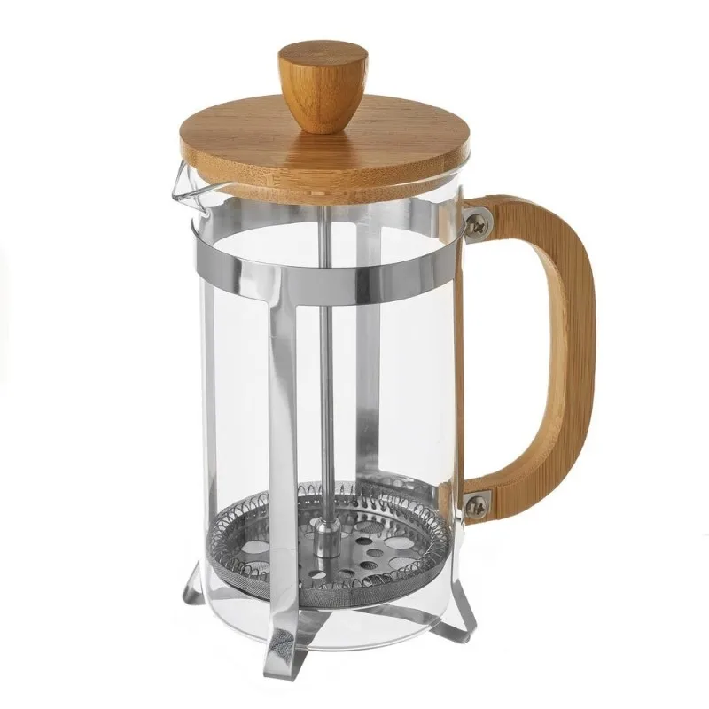 Dcasa Cafetera francesa de acero inoxidable y bambú de 15x8x19 cm