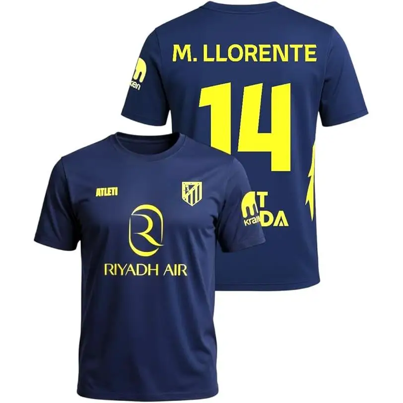Atletico de Madrid - Camiseta Segunda Equipación 2025‑2026 | Réplica Oficial M. Llorente 14 | Azul Marino y Amarillo | Corte Clásico | Tejido Transpirable