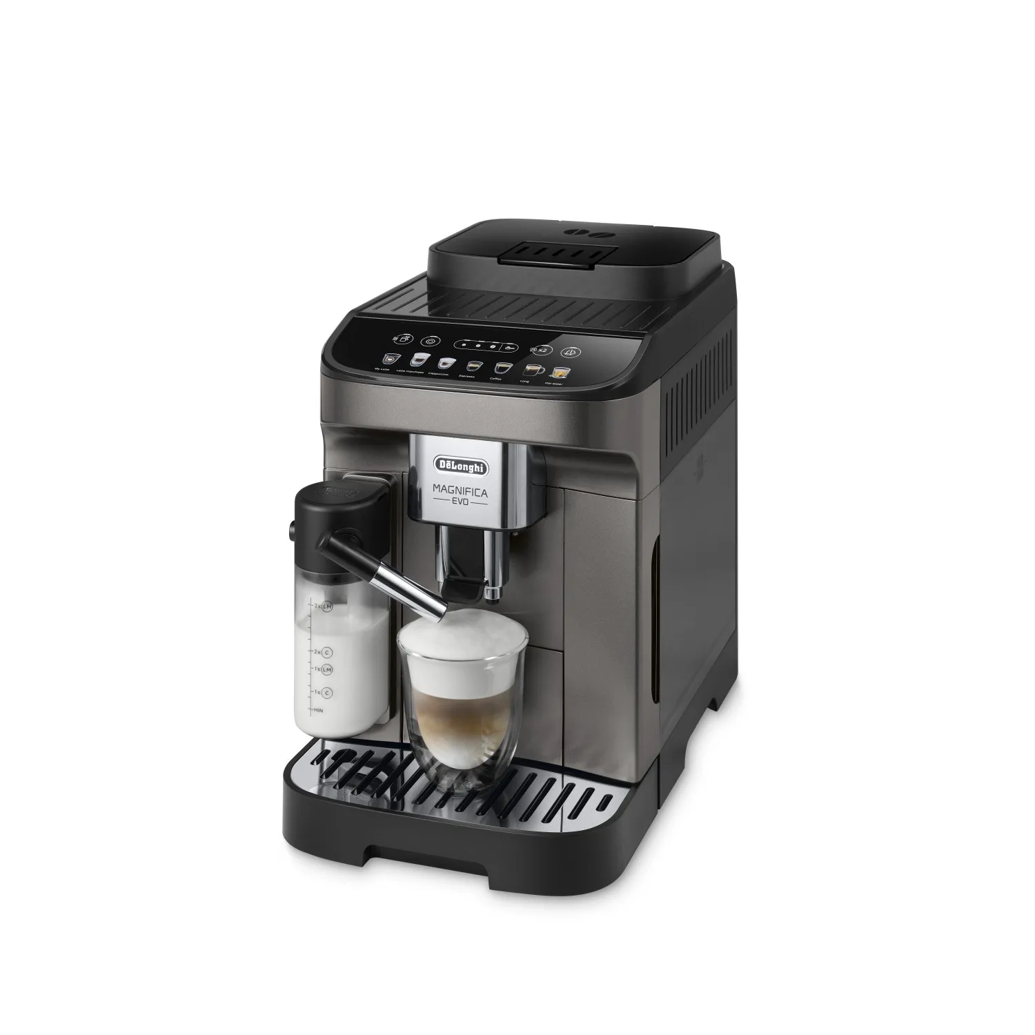 Delonghi - Magnifica Evo Cafetera Superautomática. Máquina de café gourmet en casa. Tecnología LatteCrema Hot, 15 bares de presión, capacidad 1,8L, 1450W. Modelo ECAM290.81. Negro Titanio