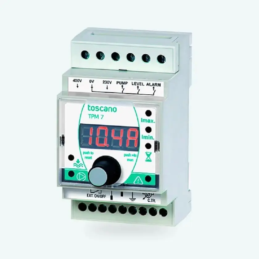 TOSCANO Tcontrol TPM7-PUMP 230/400VAC, Relé electrónico de Protección de Bomba de Pozo y Control de Nivel, Protección Contra Sobrecarga, Bajacarga y Fallo de Fase, Opción WIFI