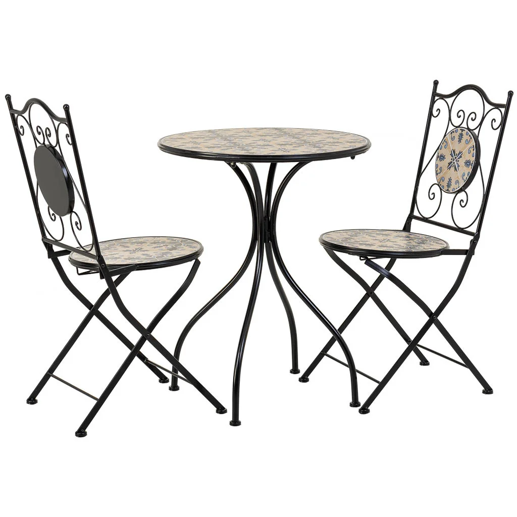 WANDERLUST DECO Conjunto mesa y dos sillas de mosaico y forja negras