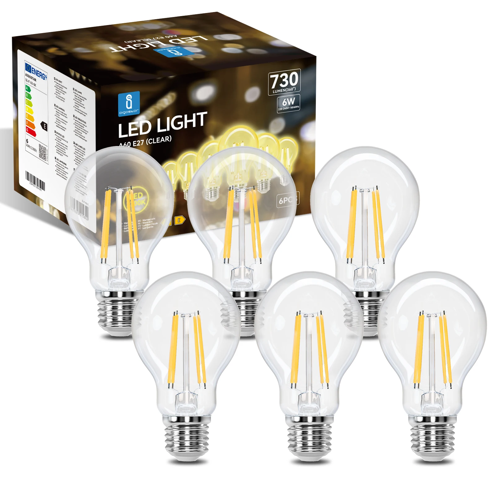 Aigostar - Bombilla LED E27 Edison 6W/8W/10W 2200/2700/6500K, Bombilla LED Vintage Decorativa A60 de Filamento, No… — oferta en AliExpress