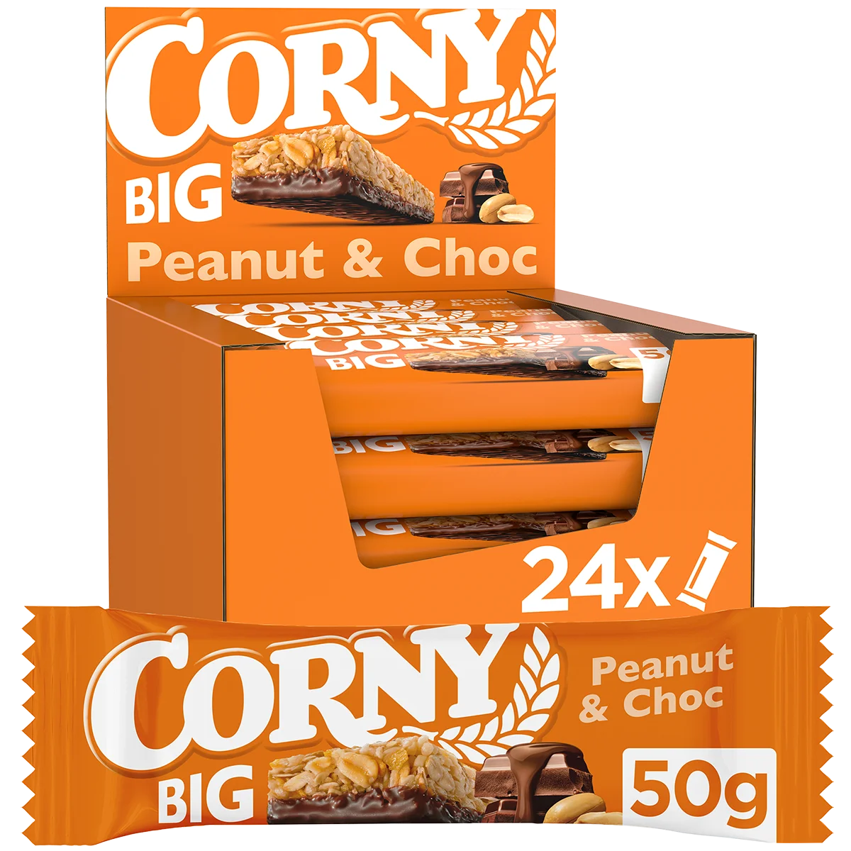 CORNY Big Barritas Cereales de Cacahuete y Chocolate con Leche. Paquete de 24 unidades de 50 gramos.