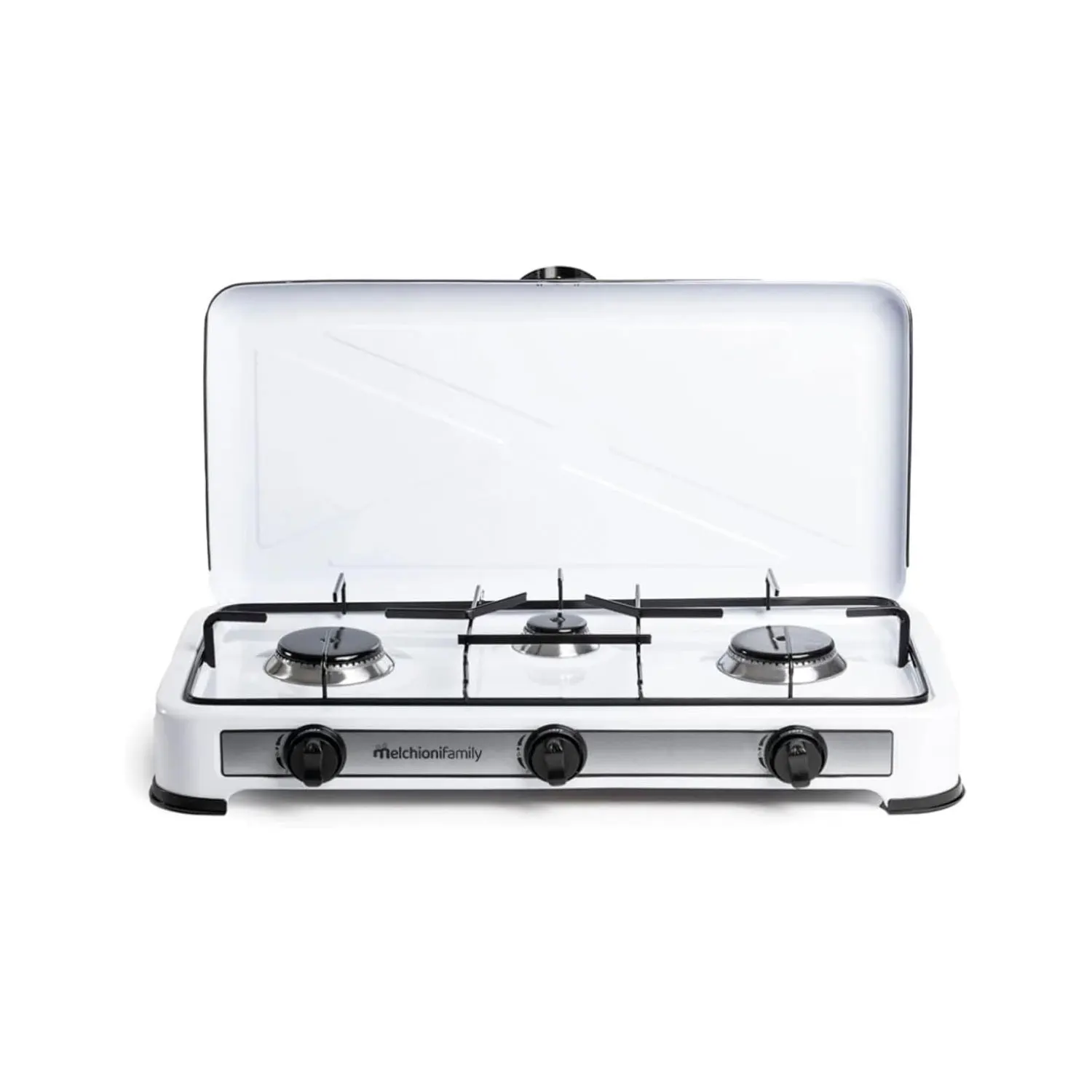Minerva New 3 Gas Stove - Portable outdoor stove with 3 burners, enamel-coated steel construction, flame control, easy ignition, lightweight at 2.8 kg, perfect for camping and outdoor cooking.