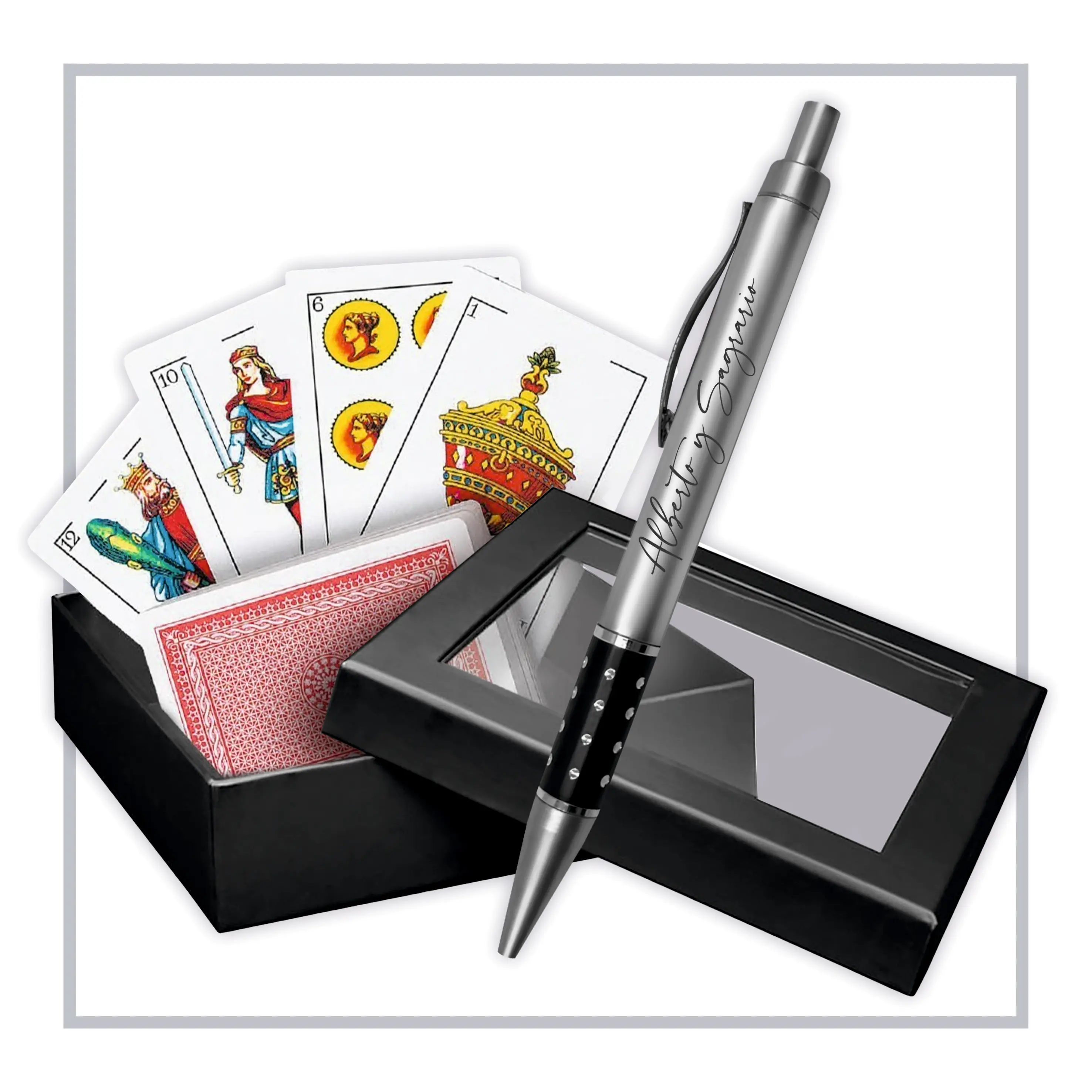 RegaloVip.es - Pack de 6 a 50, set baraja y bolígrafo, naipes españoles, regalos para bodas invitados originales, detalles bautizo para invitados, recordatorios de boda para invitados, baraja española