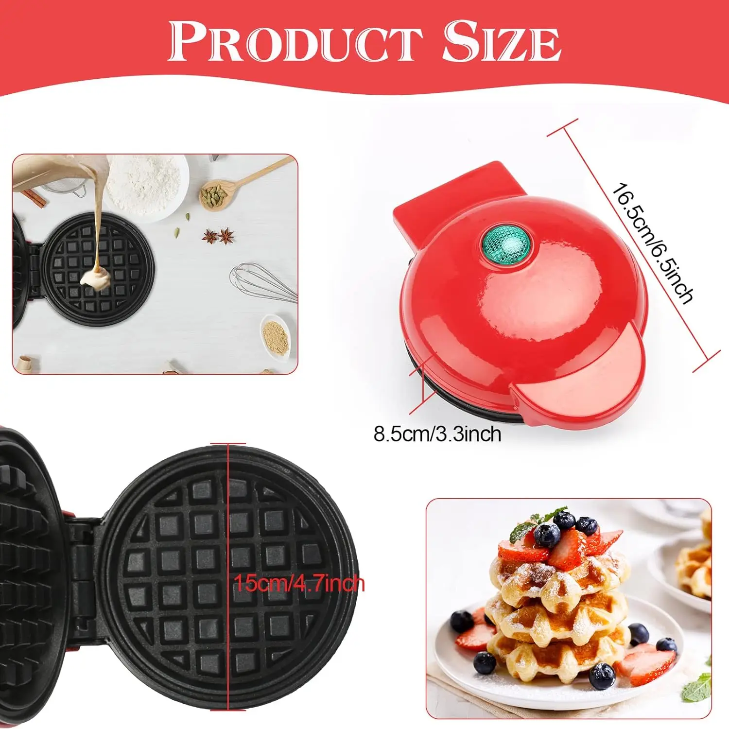 350W Mini Waffle Maker, single Waffle Maker, Waffle Maker, Waffle iron machine, non-stick, handle with cold touch, small automatic appliance for kitchen, family party celebration, pastry, cafeteria, Bar, red