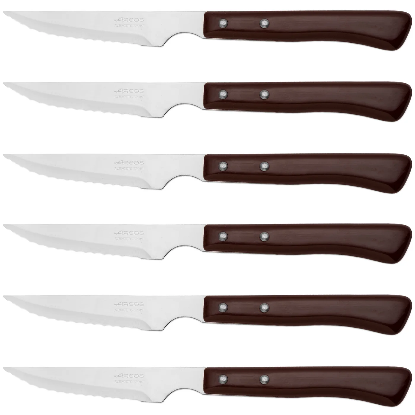 ARCOS Steak Basic - Cuchillo Chuletero (110 / 210 mm) - Acero Inoxidable Nitrum® - Mango Marrón de Nylon - 804000 - PACK 6