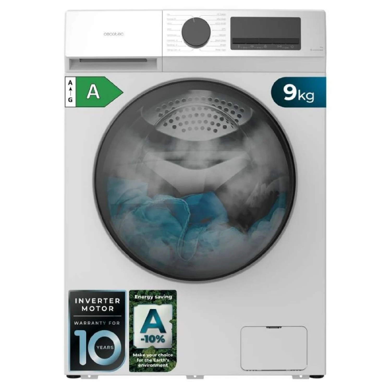 Cecotec Lavadora Carga Frontal 9Kg Bolero DressCode 9450 Inverter, 1400 rpm, 16 programas, Clase A-10%, Motor Inverter Plus