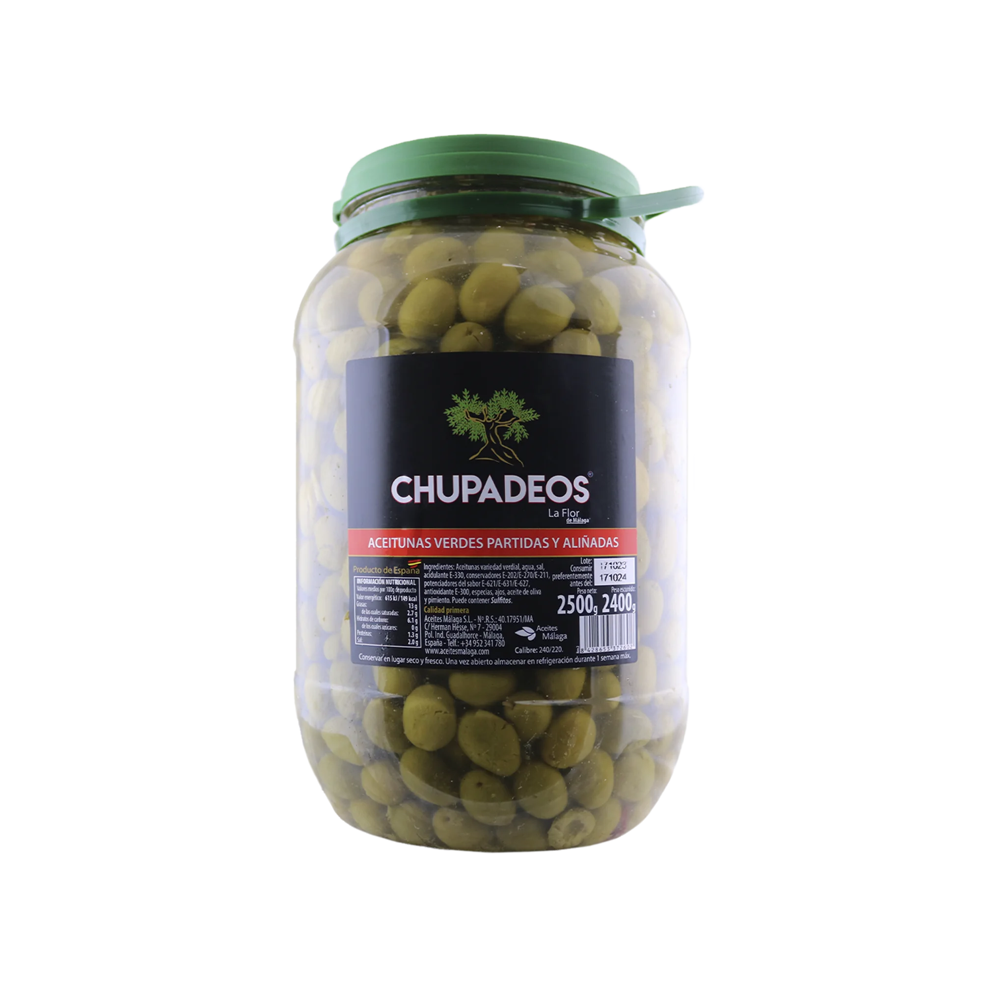 Aceitunas Verdial CHUPADEOS LA FLOR DE MÁLAGA Bote PET 2'5 KG (2.22 KG ESC) LA FLOR DE MALAGA