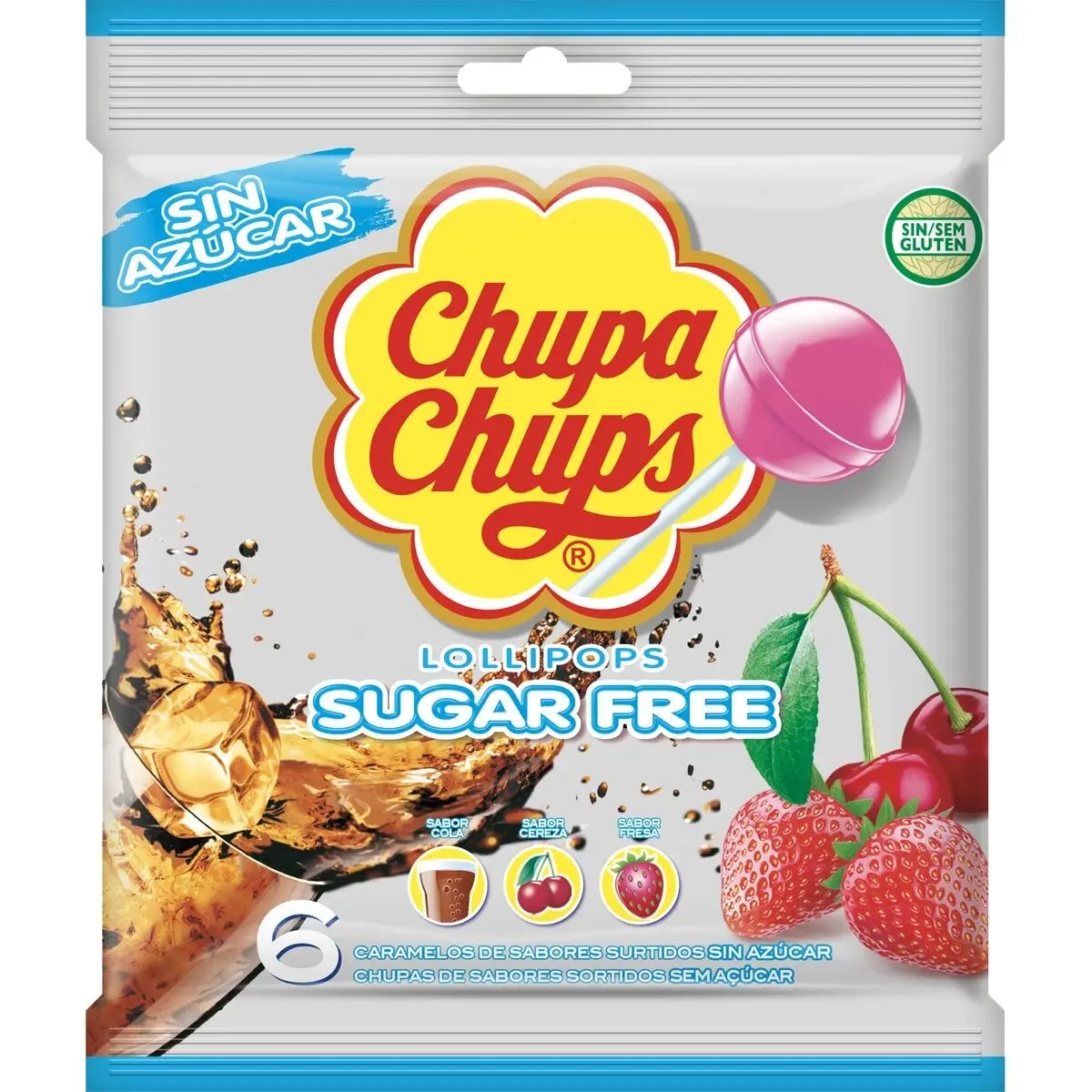 Chupa Chups sin azúcar de 3 sabores: fresa, cereza y cola, en paquetes de 6 Chupa Chups cada uno. Caja de 12 paquetes - Ideal para cualquier ocasión y evento: en clase, en el parque, en la oficina, en casa, en fiestas y entre horas. Para compartir, regalo