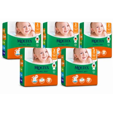 Moltex Extra Dry Talla 3 (4-10 kg) Pack Ahorro 160 Pañales (5x32) – Máxima Absorción y Ahorro Diario