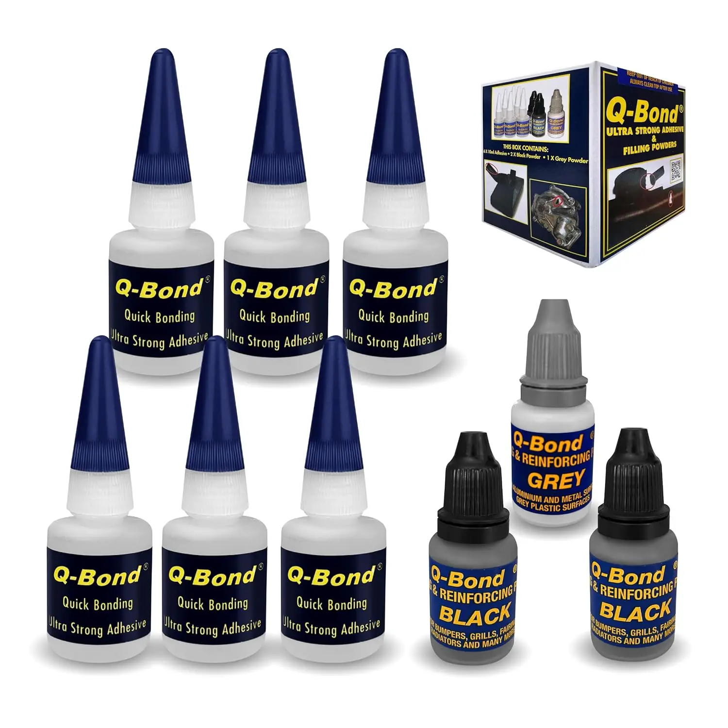 AREABOXES - Pegamento Extrafuerte Dos Componentes. [Qbond] Adhesivo P/TODOS Los Materiales. Soldadura En Frio Para Metal. Kit Reparación De Cianoacrilato + Polvo, Facil Y Rapido. (Kit 9 piezas)