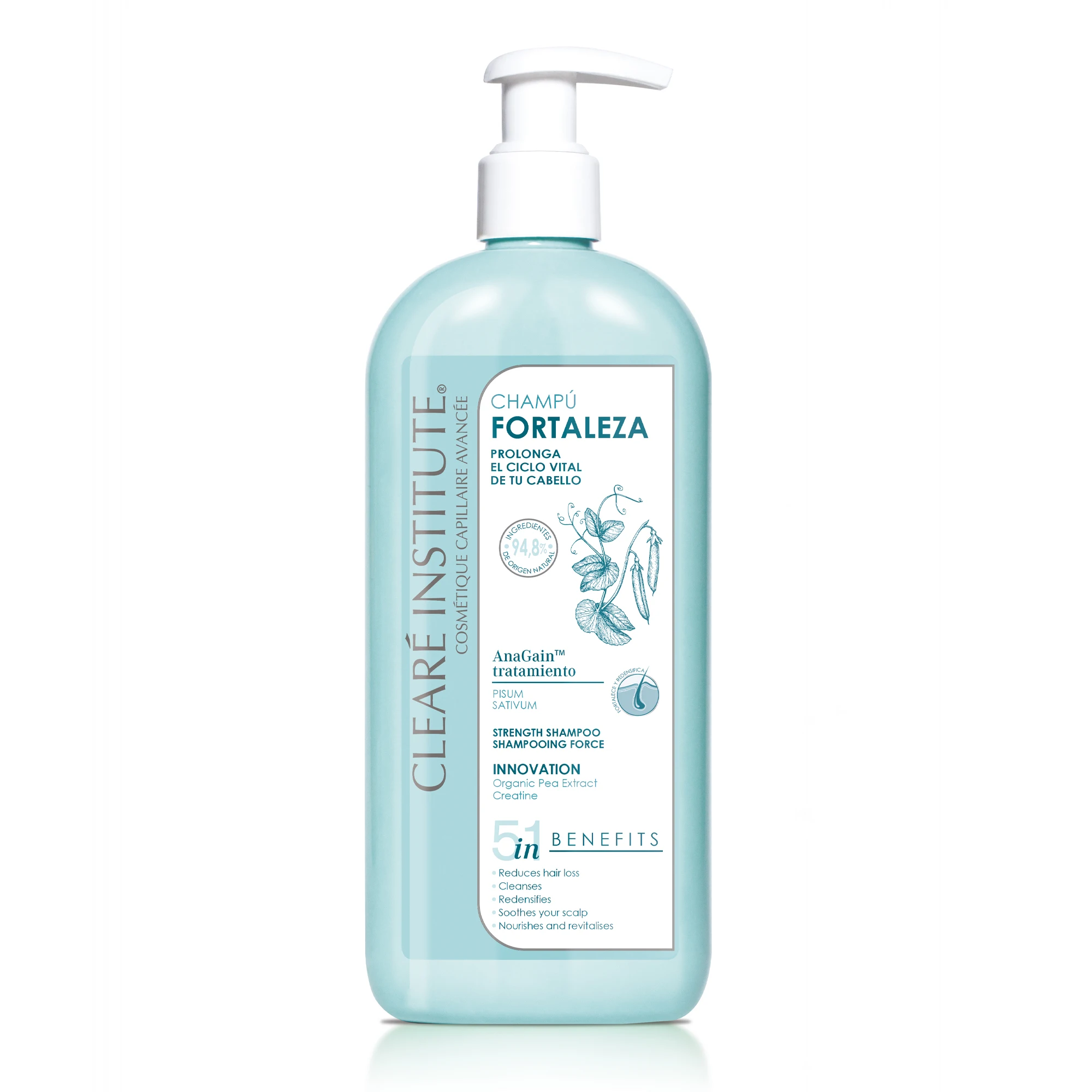 Clearé Institute | Champú Fortaleza Anticaída | Limpia, Nutre y Redensifica | 96% Ingredientes Naturales | Caída del Cabello de Mujer y Hombre | Sin Sulfatos SLES, Parabenos ni Siliconas | 400 ml